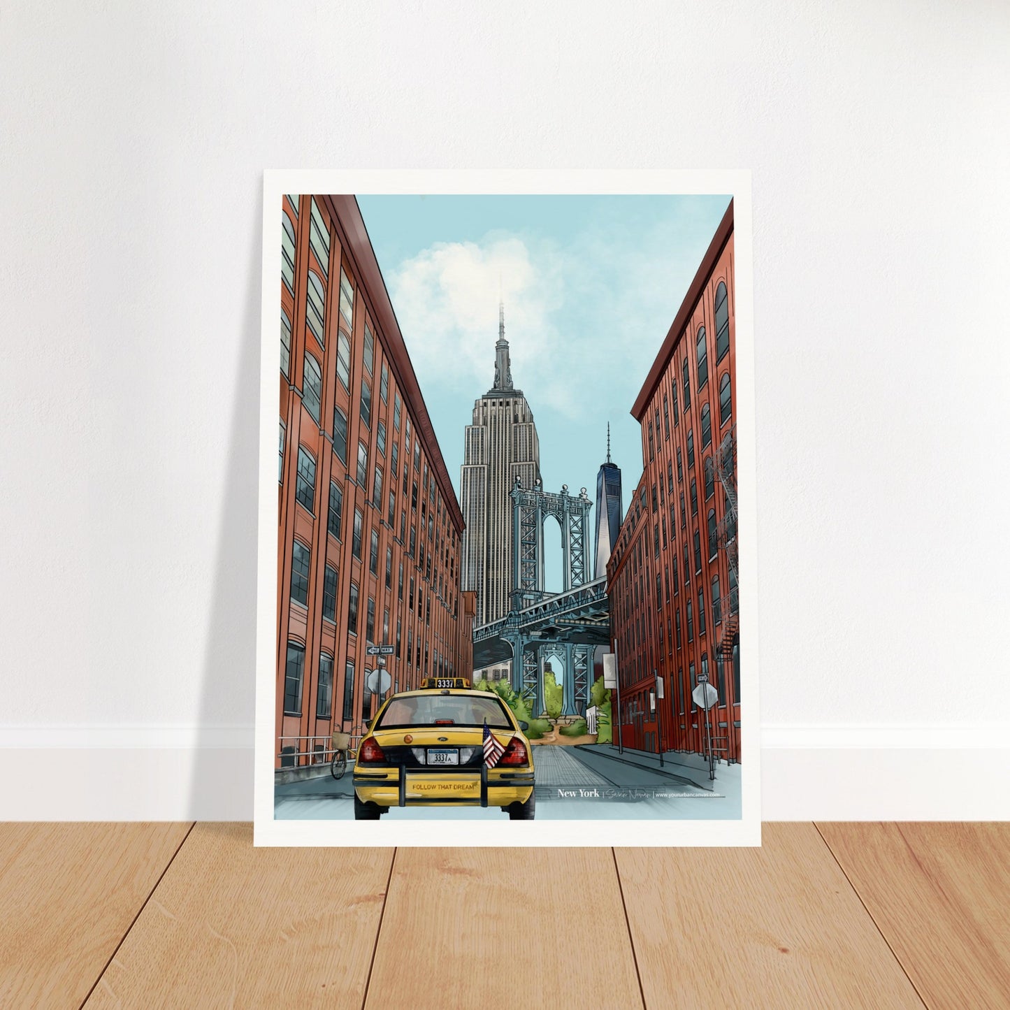 New York - Subtle Title print, size 30x40cm, featuring key landmarks like the Dumbo Manhattan Bridge view, the Empire State Building, One World Trade Center, yellow cab, and street signage, all in vibrant, intricate detail.