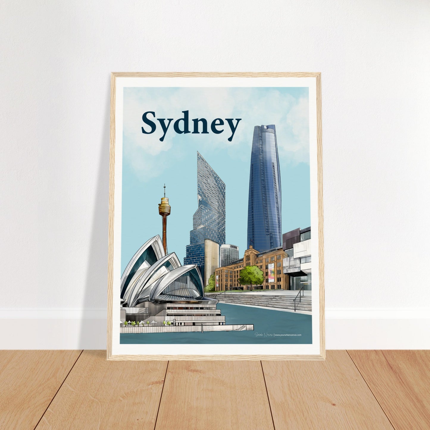 Sydney - Bold Typography print, size 45x60cm, framed in natural wood, featuring the Opera House, MCA, Sydney Harbour, One Barangaroo, and other iconic buildings.