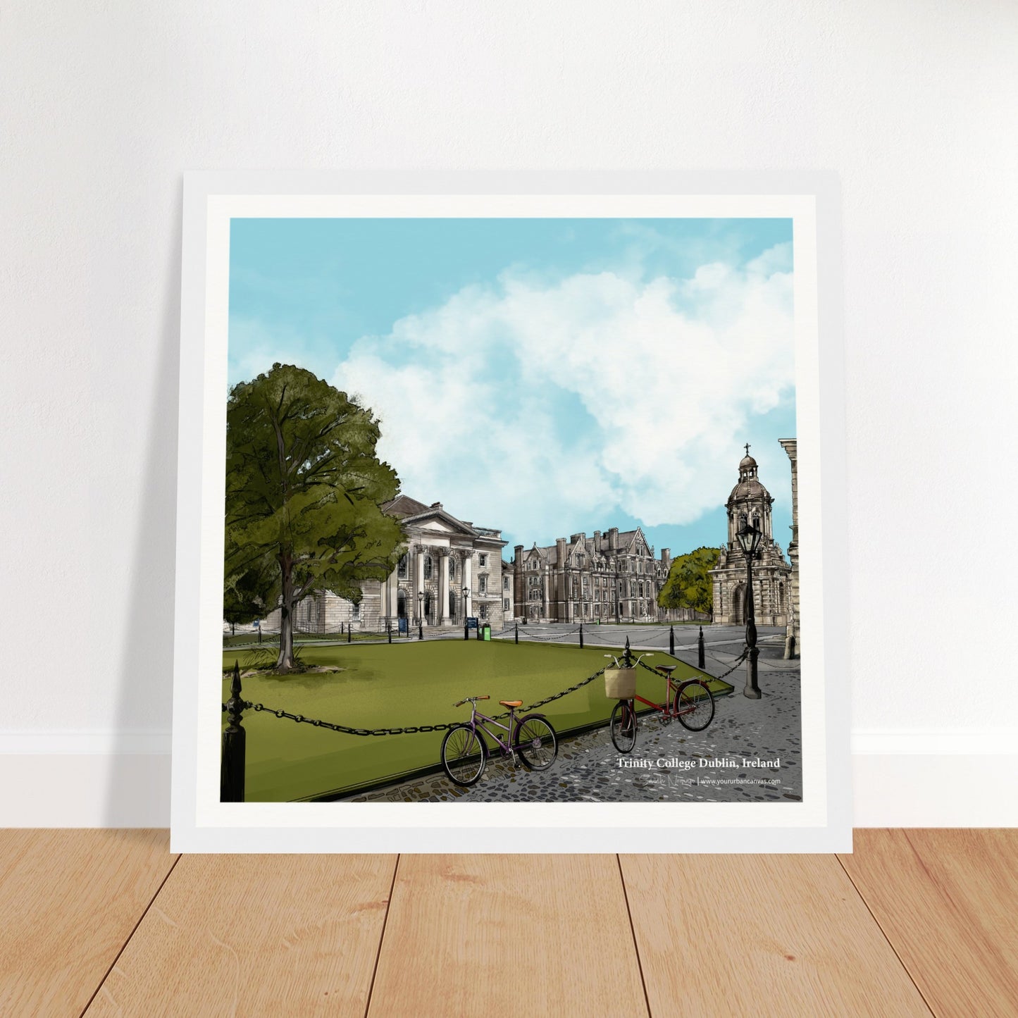 Trinity College Dublin print, 30x30cm, framed in white. Clean and modern Irish wall art capturing one of Dublin's most historic university buildings.