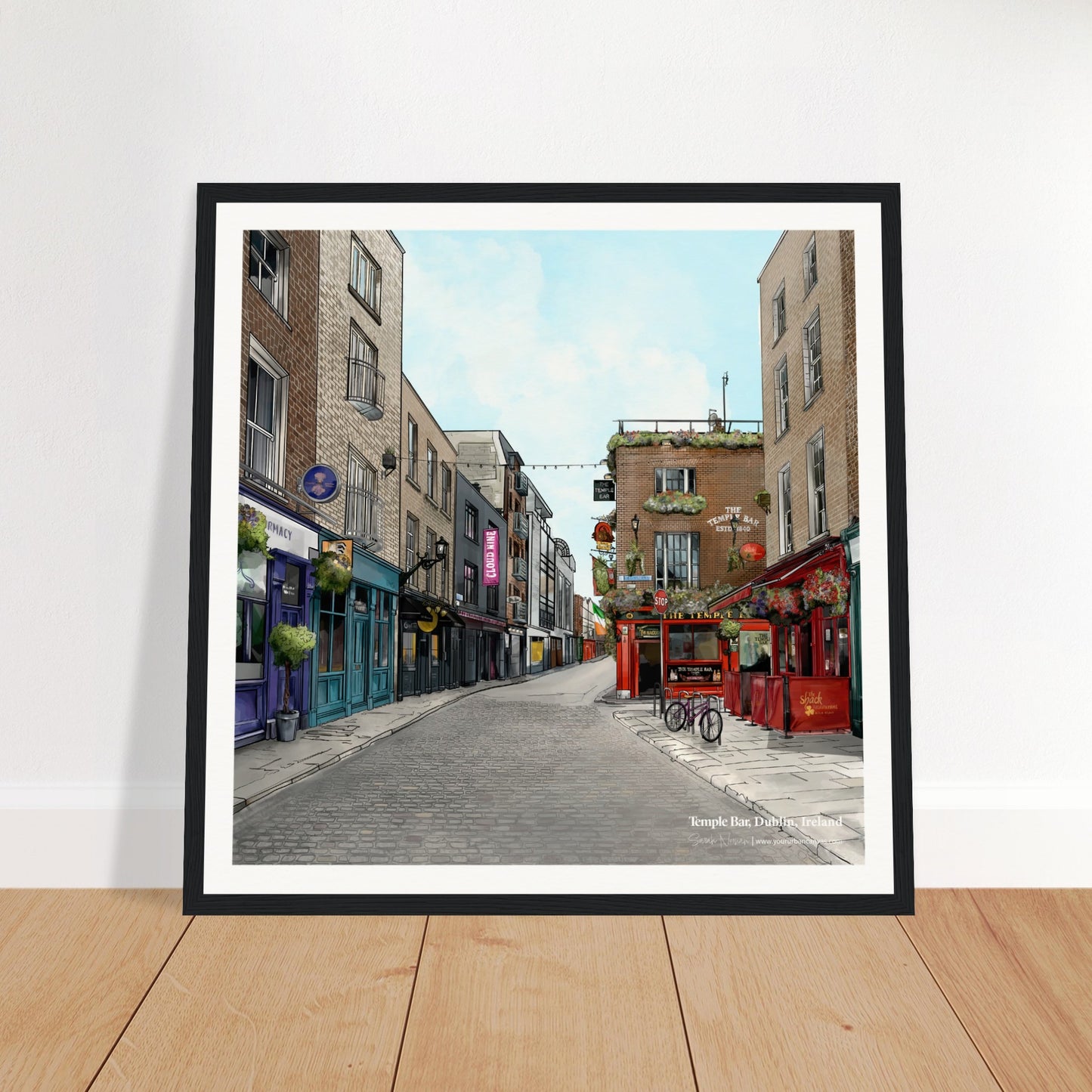 Dublin - Subtle Title print, size 40x40cm, framed in black, highlighting the vibrant Temple Bar area, and old buildings carrying centuries of stories.