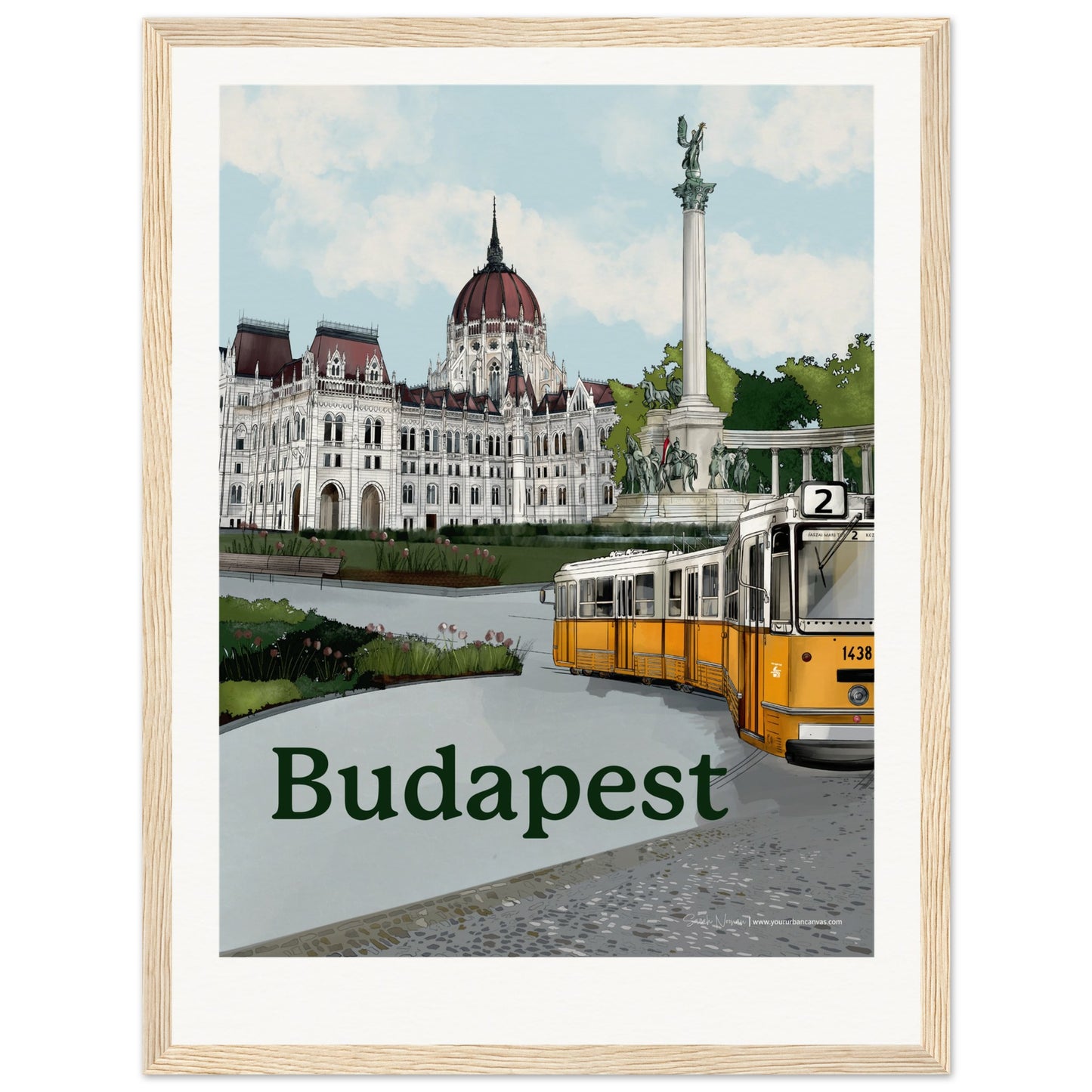 Budapest - Personalised Bold Typography print, size 30x40cm, framed in natural wood, blending warmth and individuality in a classic Budapest skyline.