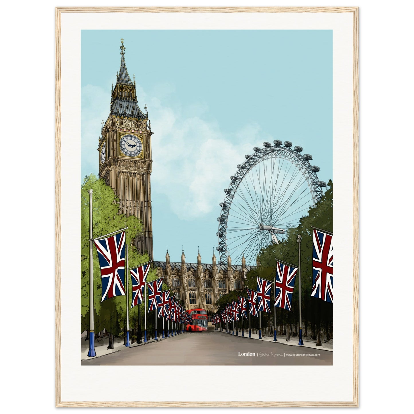 London - Personalised Subtle Title print, size 60x80cm, framed in natural wood, highlighting London's mix of tradition and modernity with a bespoke element.