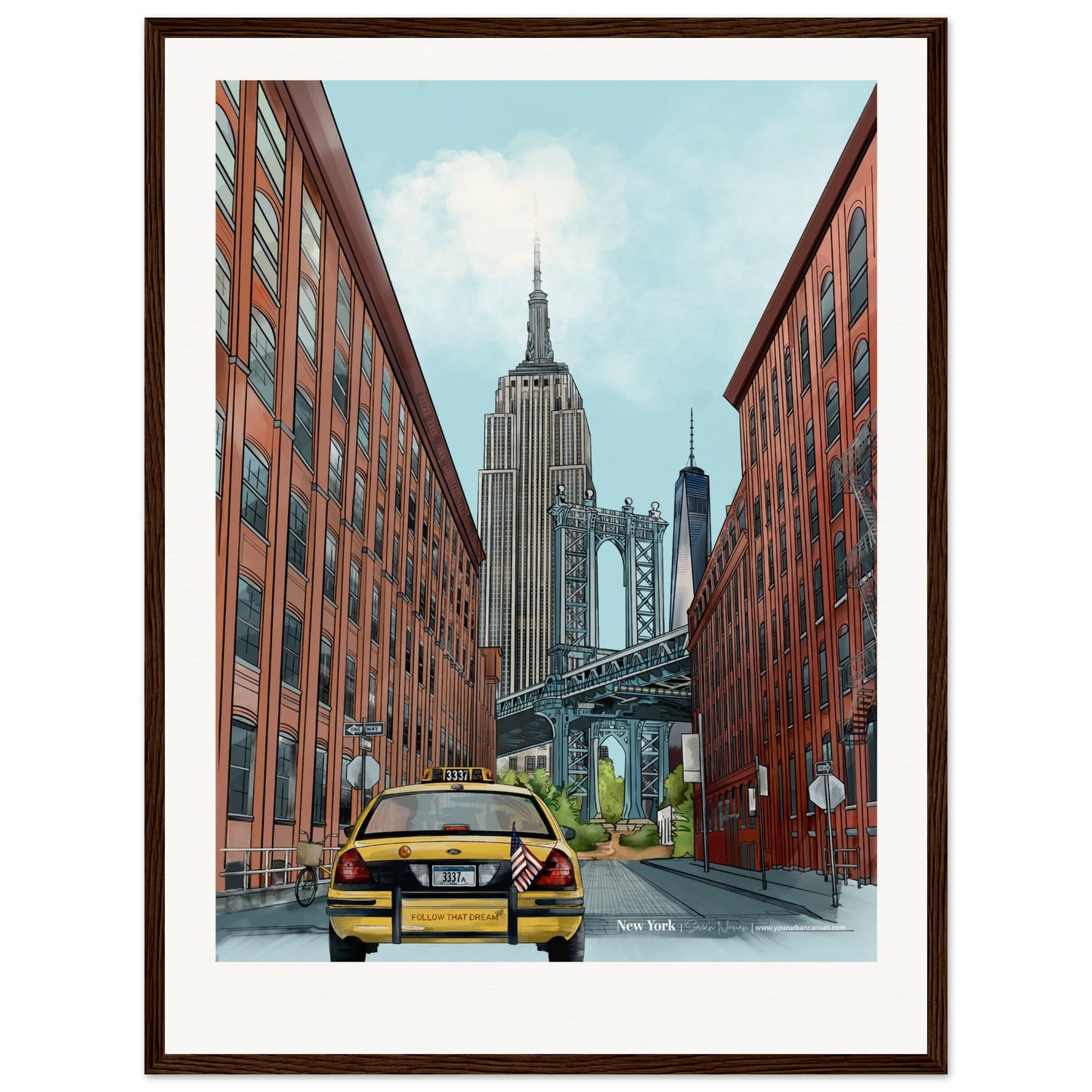 New York - Personalised Subtle Title print, size 45x60cm, framed in dark wood, showcasing the architectural magnificence of the Empire State Building and modern One World Trade Center, personalised for you.
