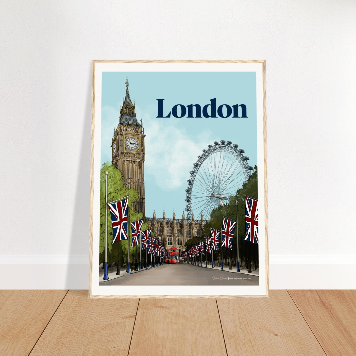 London - Bold Typography print, size 60x80cm, framed in natural wood, intricate painting of the London Eye, Westminster and of Buckingham Palace's tree-lined Mall.