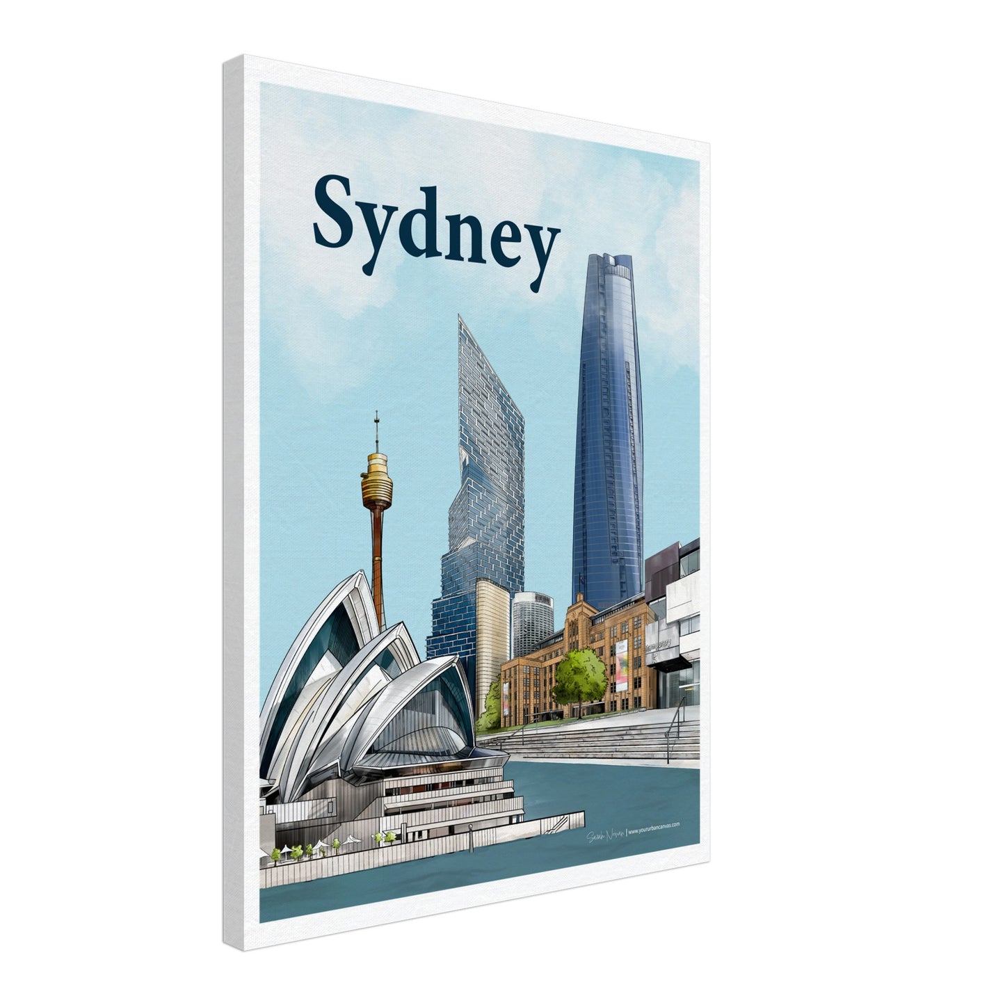 Sydney - Bold Typography canvas, size 45x60cm, displaying a vibrant Sydney skyline with the Opera House, MCA, and Harbour.