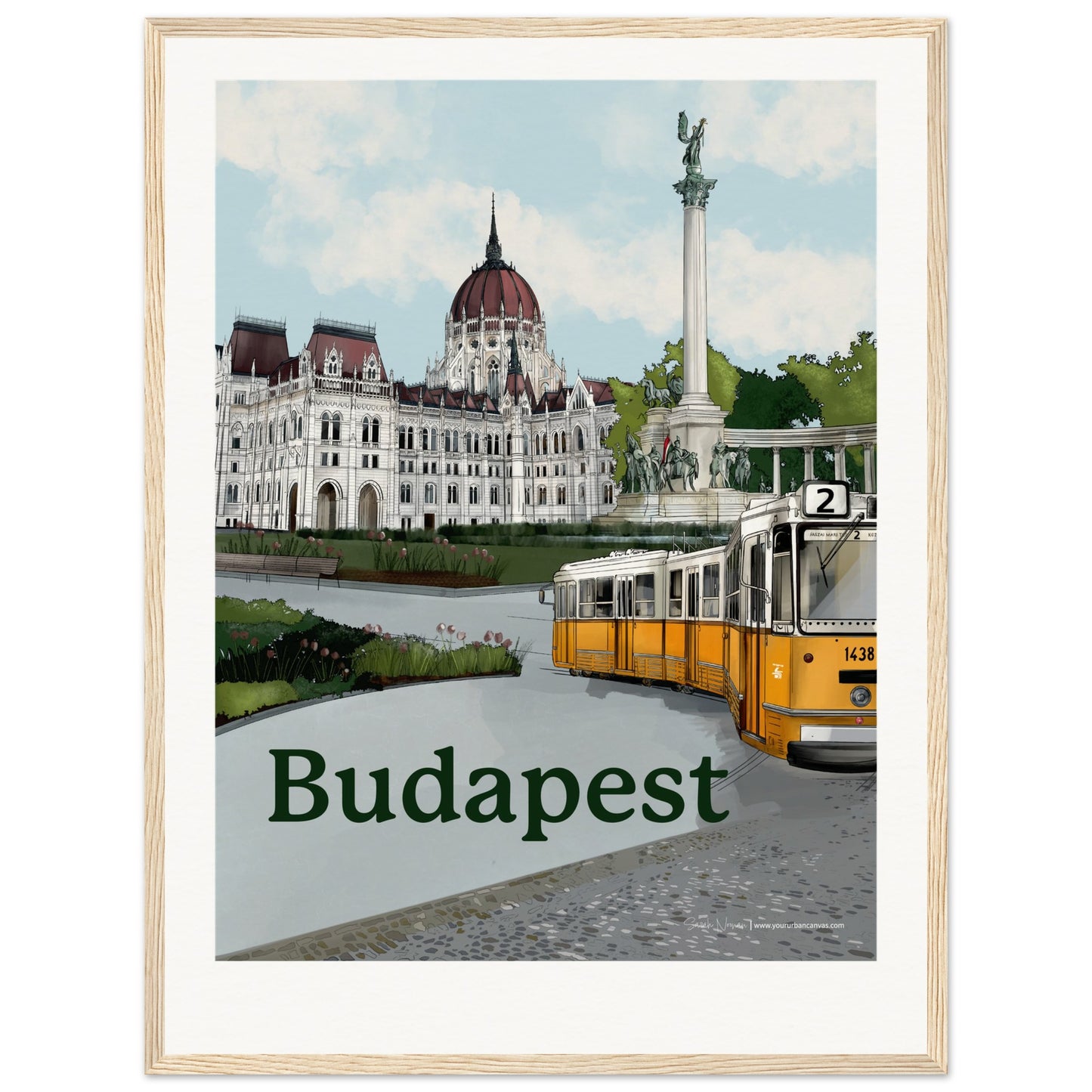 Budapest - Personalised Bold Typography print, size 45x60cm, framed in natural wood, a warm and bespoke representation of Budapest's streetscape.