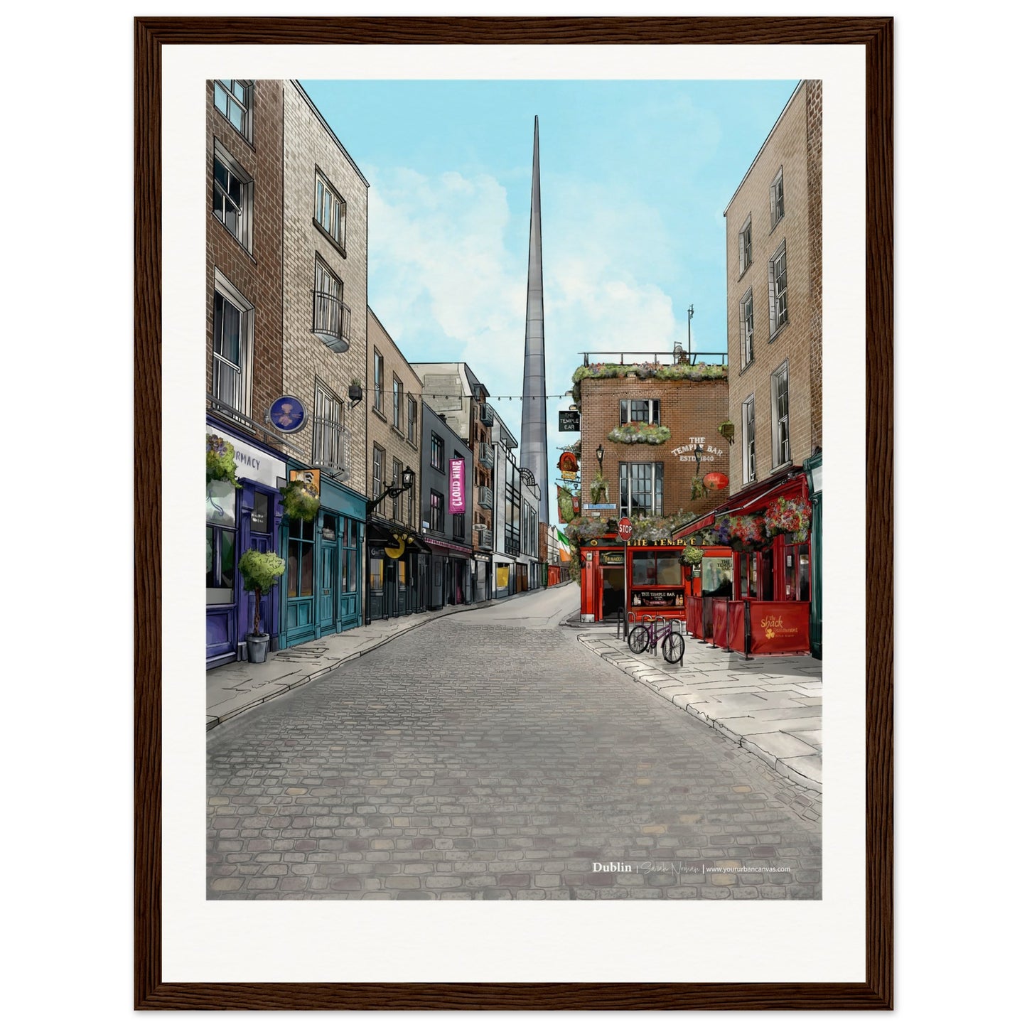 Dublin - Personalised Subtle Title print, size 30x40cm, framed in dark wood, bringing out the charming details of Dublin's beloved landmarks with a tailored inscription.