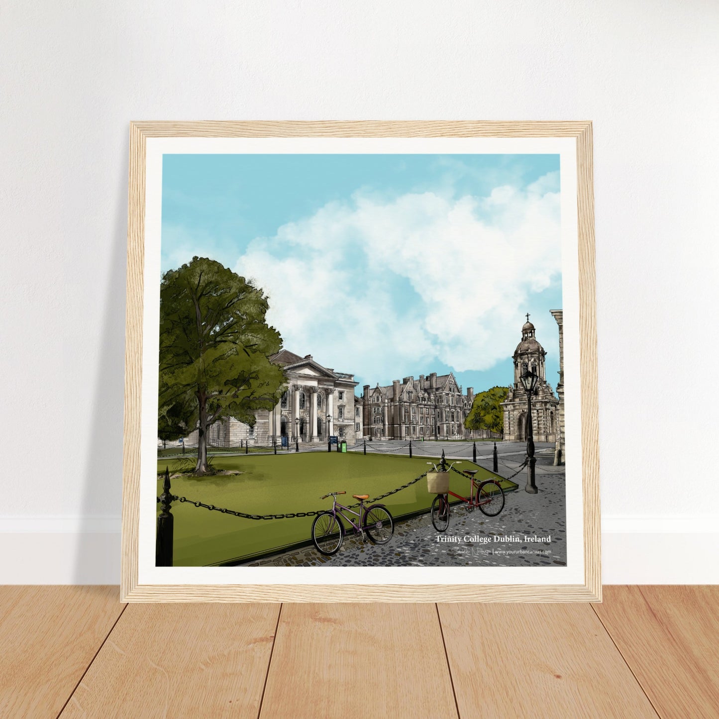 30x30cm framed print of Trinity College Dublin in a natural wood frame. A beautiful piece of Irish architecture artwork for city lovers and collectors of Dublin prints.