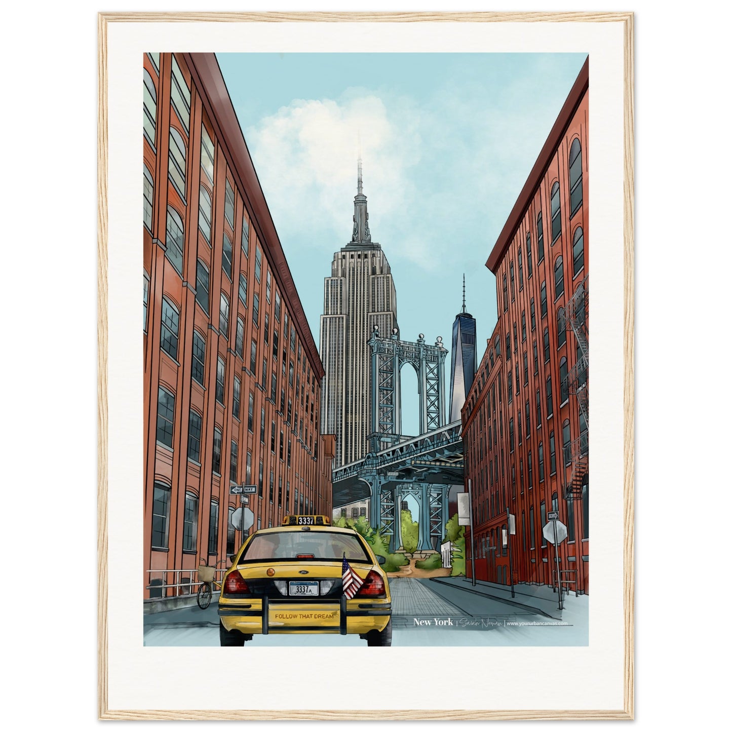 New York - Personalised Subtle Title print, size 60x80cm, framed in natural wood, enhancing the warmth of the urban landscape, tailored with your text.