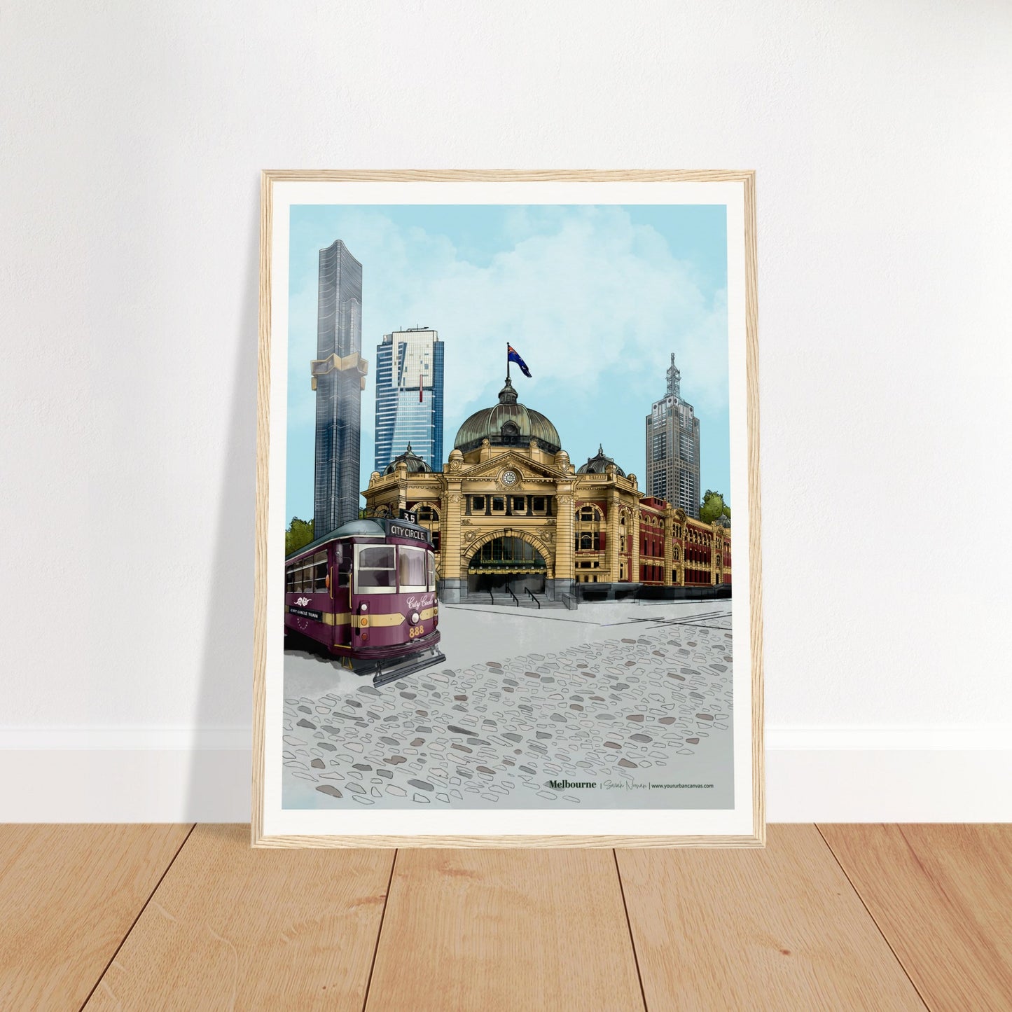Melbourne - Subtle Title print, size 45x60cm, framed in wood, showcasing the art deco beauty of 120 Collins Street and Eureka Tower, with the City Circle Tram weaving through Melbourne's streets.