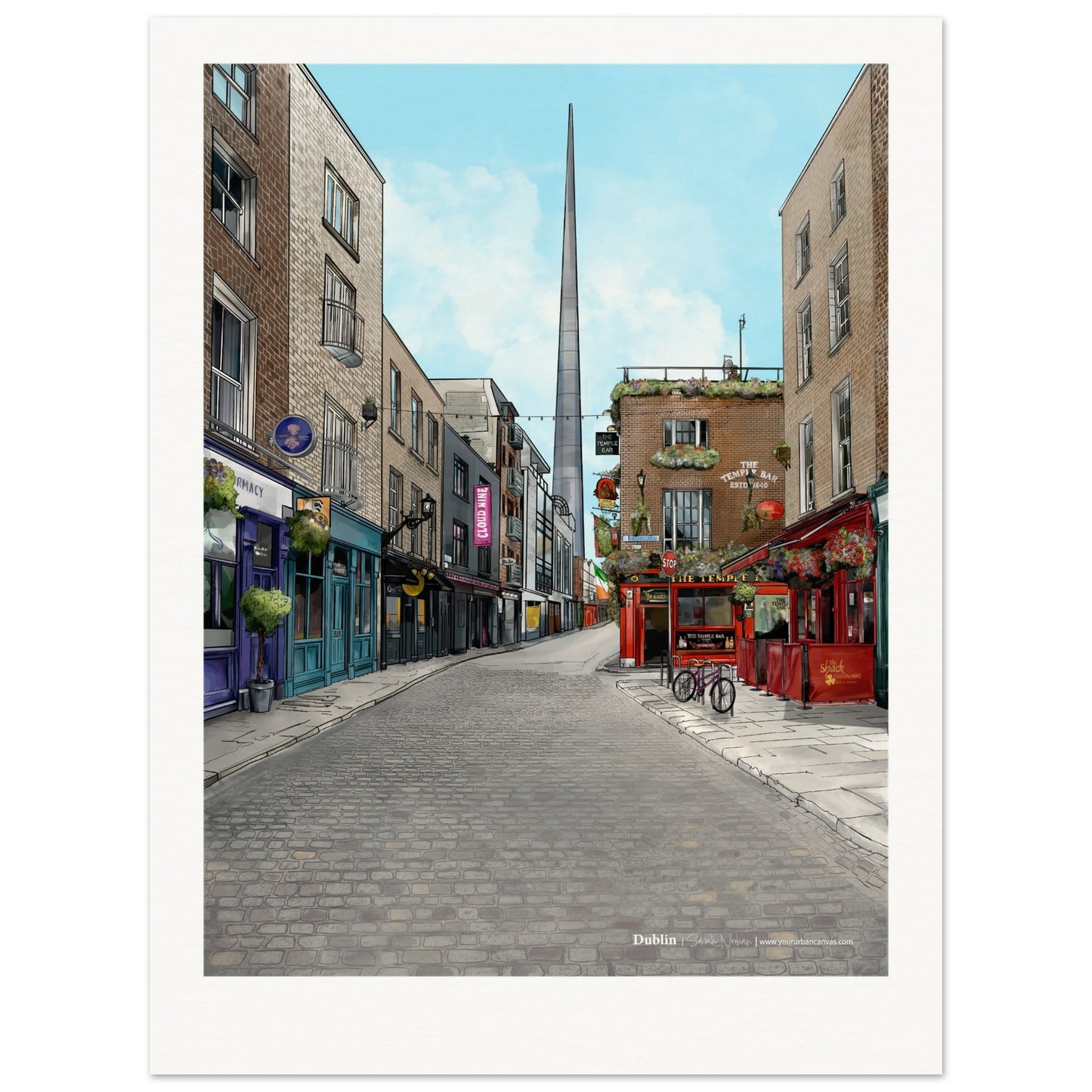 Dublin - Personalised Subtle Title print, size 45x60cm, featuring the vibrant charm of Temple Bar's cobbled streets, The Temple Bar Inn, and The Spire, customised with your chosen text.