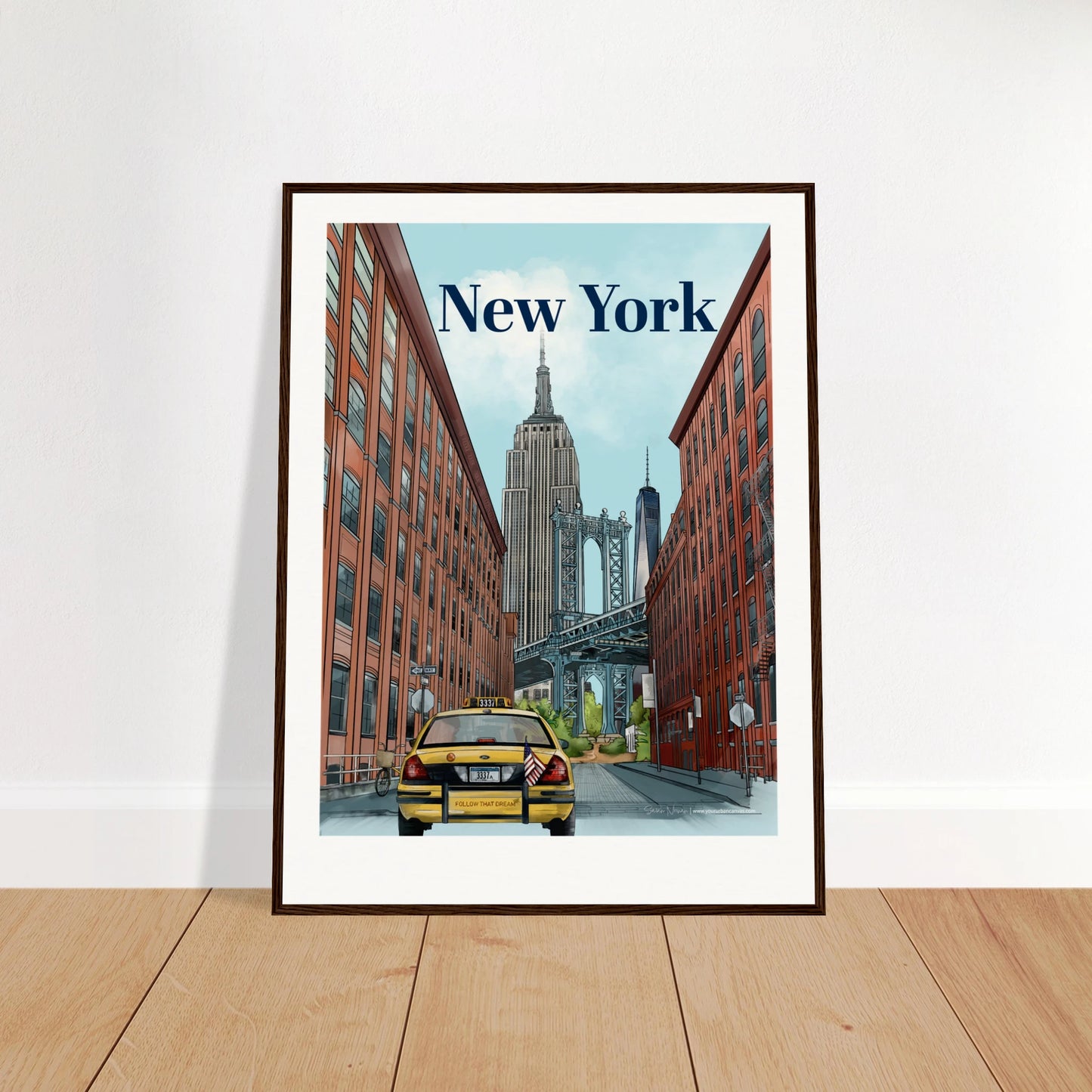 New York - Bold Typography print, size 60x80cm, framed in dark wood, featuring the famous Dumbo Manhattan Bridge view, NYC's skyline, a yellow taxi, and classic street signage.