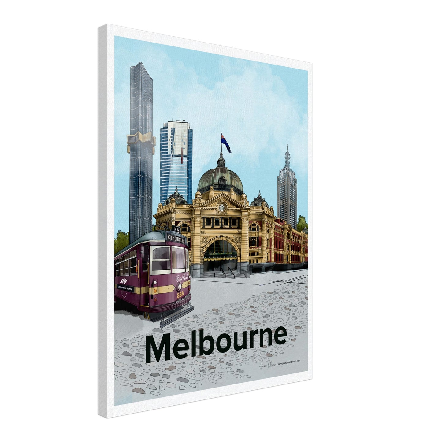 Melbourne - Bold Typography canvas, size 45x60cm, depicting Melbourne's urban energy with the City Circle Tram, Flinders Street Station, and modern high-rises.