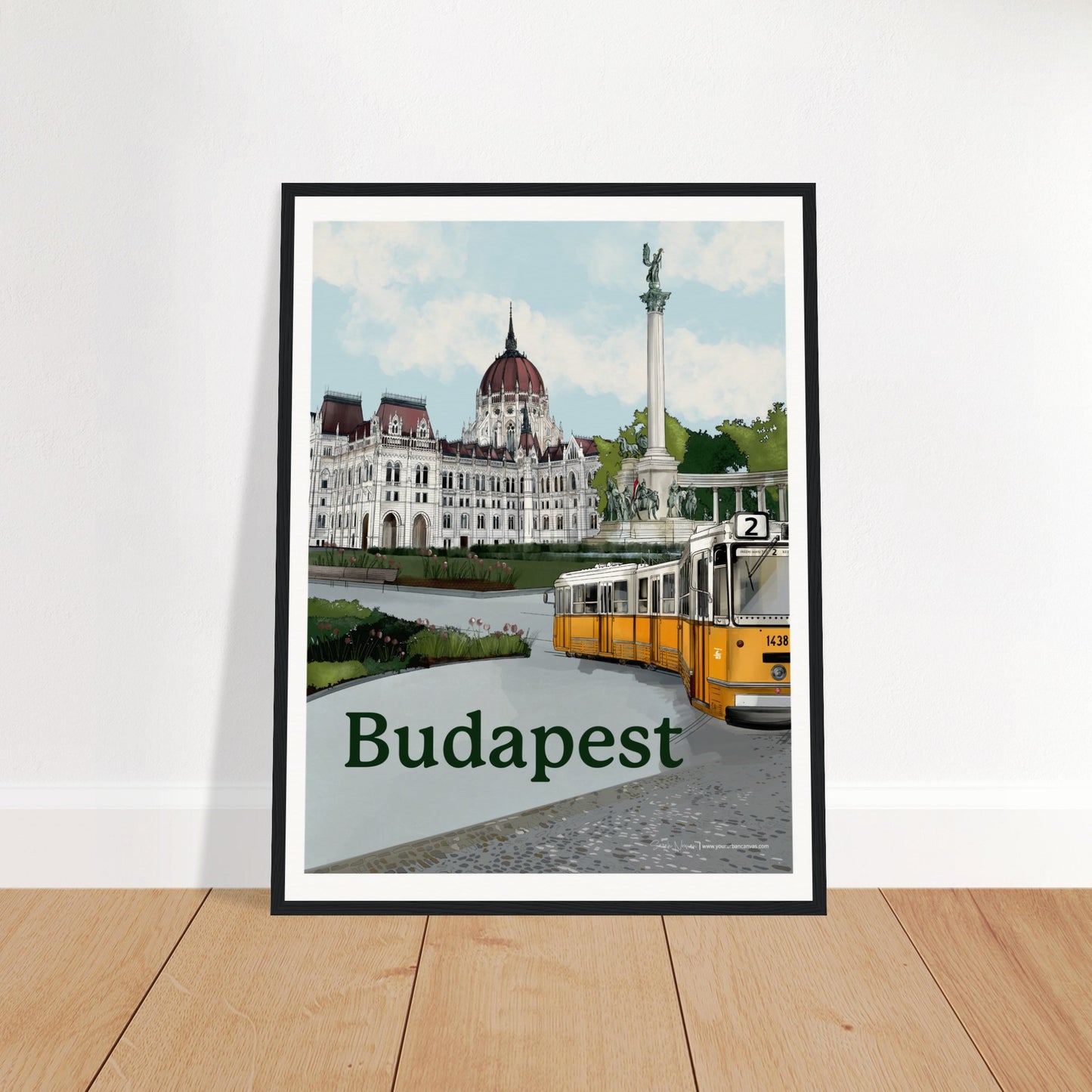 Budapest - Bold Typography print, size 45x60cm, framed in black wood, featuring a clean, modern design with Budapest's stunning Parliament building and historic tram.