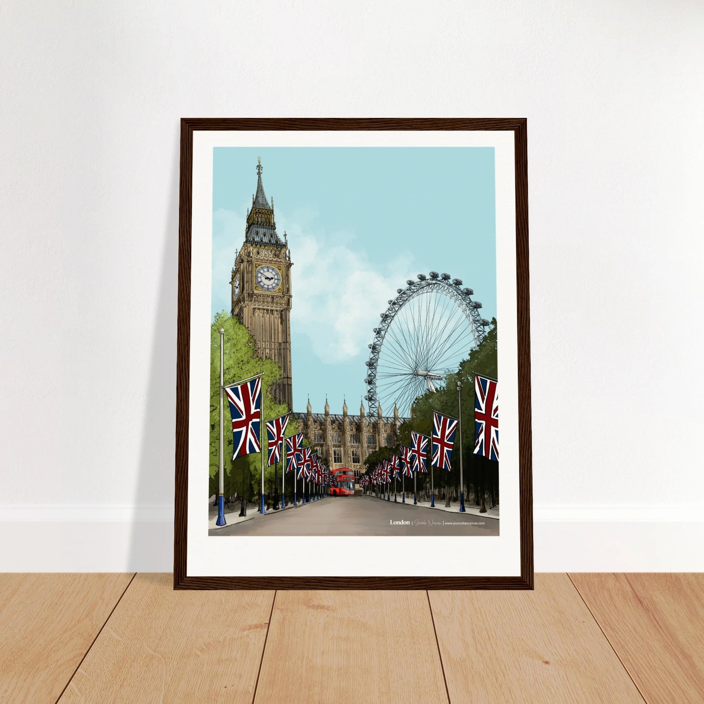 London - Bold Typography print, size 30x40cm, framed in dark wood, highlighting bold title text with faint strong architectural detail of Westminster and the London Eye.