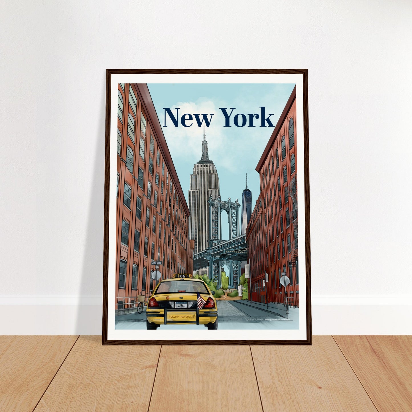 New York - Bold Typography print, size 45x60cm, framed in dark wood, capturing the Manhattan Bridge from Dumbo, the Empire State Building, One World Trade Center, and classic NYC details like yellow taxis and street signage.