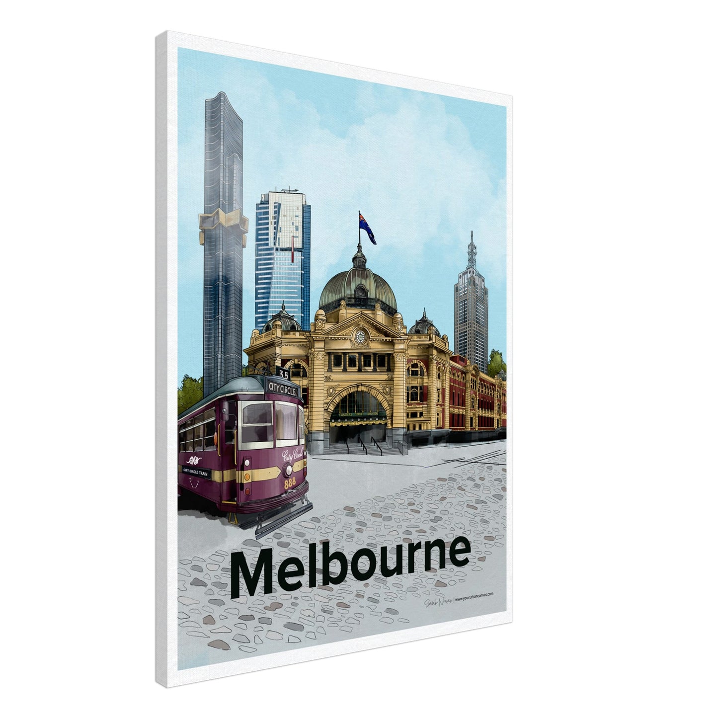 Melbourne - Bold Typography canvas, size 60x80cm, featuring the City Circle Tram, Flinders Street Station, and Melbourne's dynamic skyline.