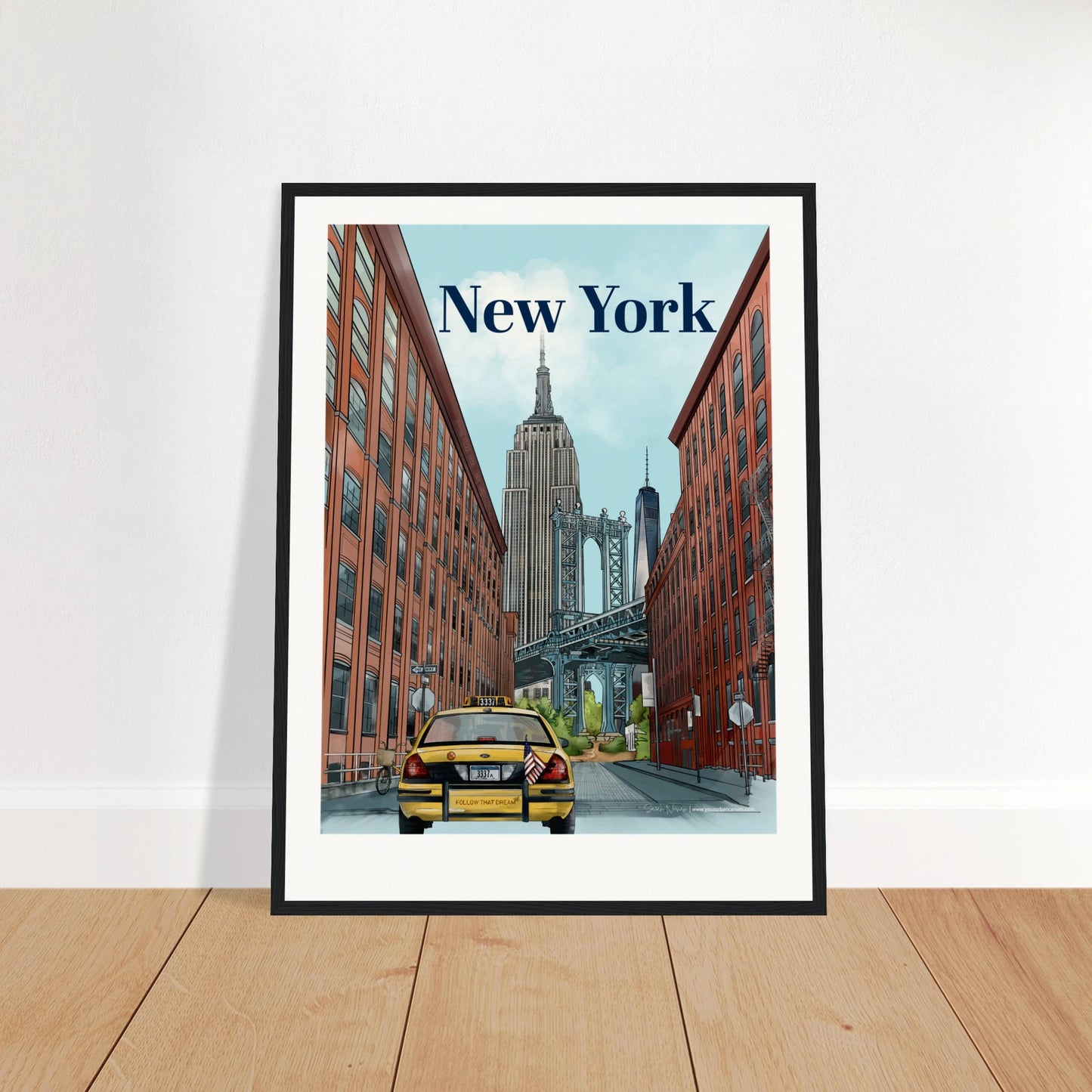 New York - Bold Typography print, size 45x60cm, framed in black wood, featuring a dynamic cityscape with the Dumbo Manhattan Bridge, iconic skyscrapers, a yellow cab, and vibrant street signage