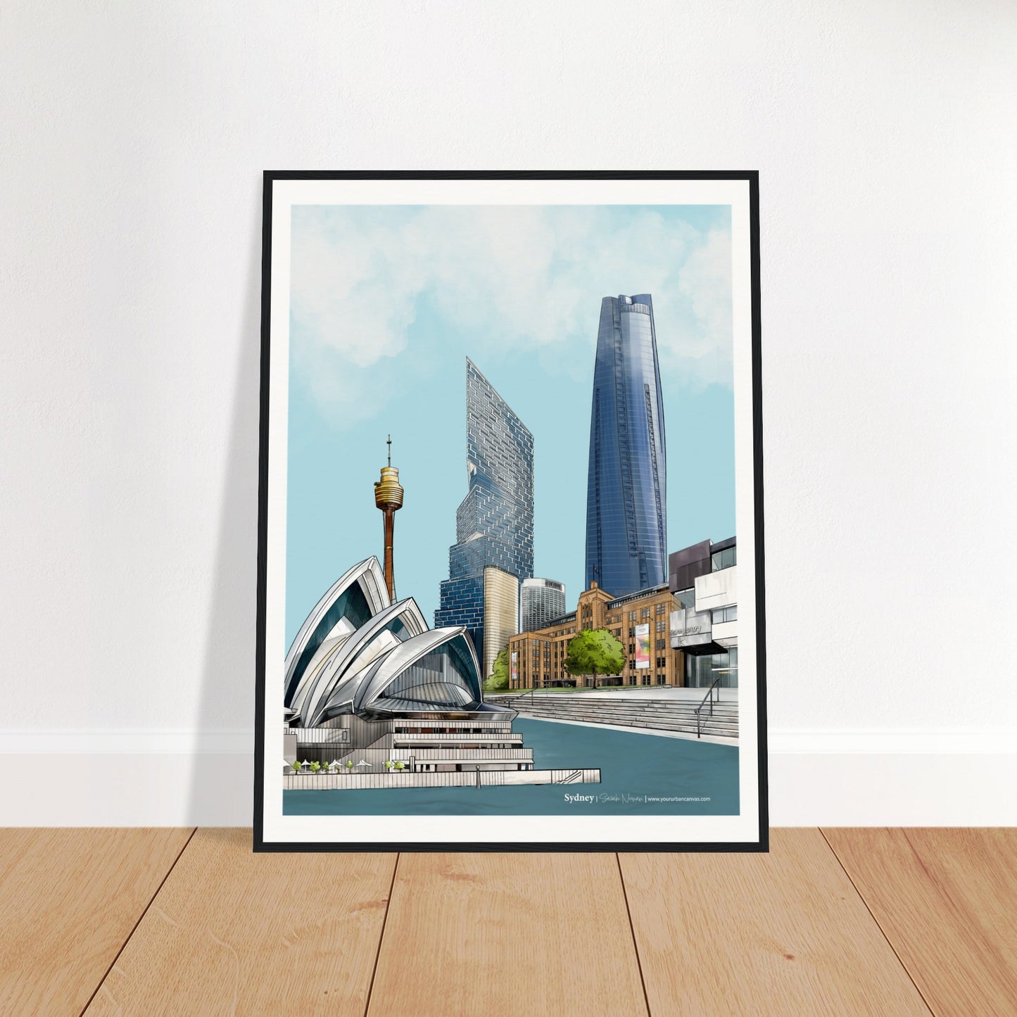 Sydney - Subtle Title print, size 60x80cm, framed in black, emphasizing the intricate elements of Sydney's dynamic cityscape.