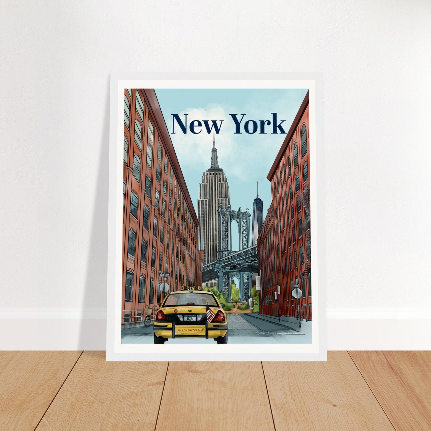 New York - Bold Typography print, size 30x40cm, framed in white wood, featuring the iconic Dumbo Manhattan Bridge view, with the Empire State Building, One World Trade Center, yellow cabs, and vibrant street signage.