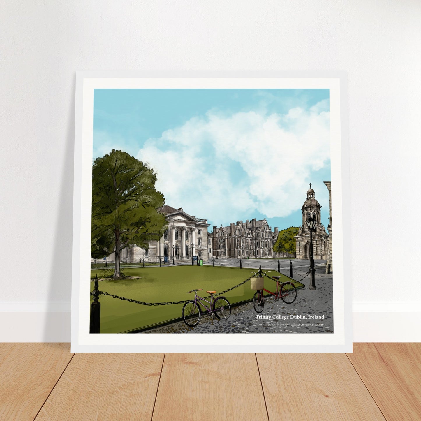 40x40cm Trinity College Dublin print framed in white. Modern Irish cityscape art for your home, inspired by Dublin’s architectural heritage.
