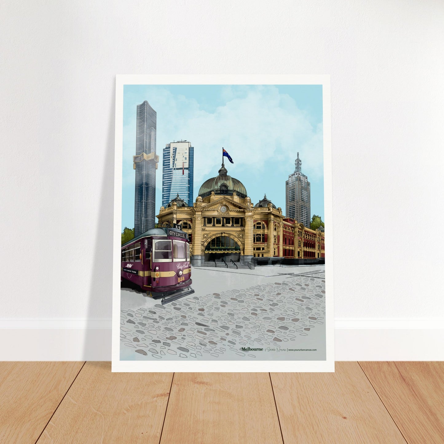 Melbourne City Artwork digital print highlighting landmarks like Eureka Tower, 120 Collins Street, and the City Circle Tram on Melbourne's busy streets.