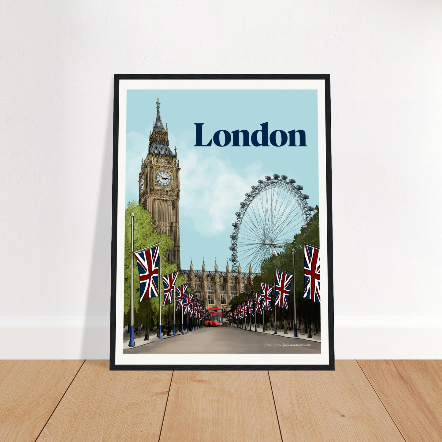 London - Bold Typography print, size 45x60cm, framed in black wood, with bold text and a backdrop of Westminster and the red London bus.