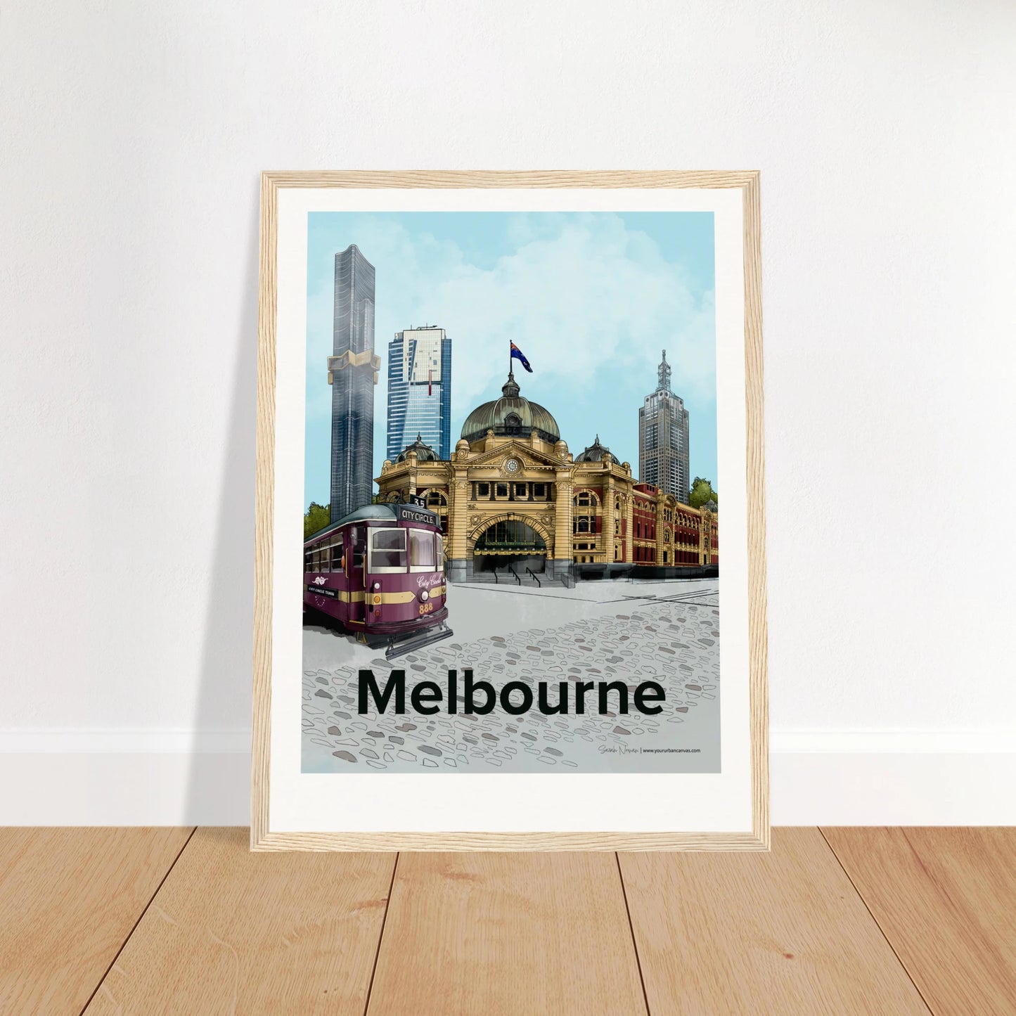 Melbourne - Bold Typography print, size 30x40cm, framed in natural wood, capturing Melbourne's urban charm with Flinders Street Station and towering skyscrapers.