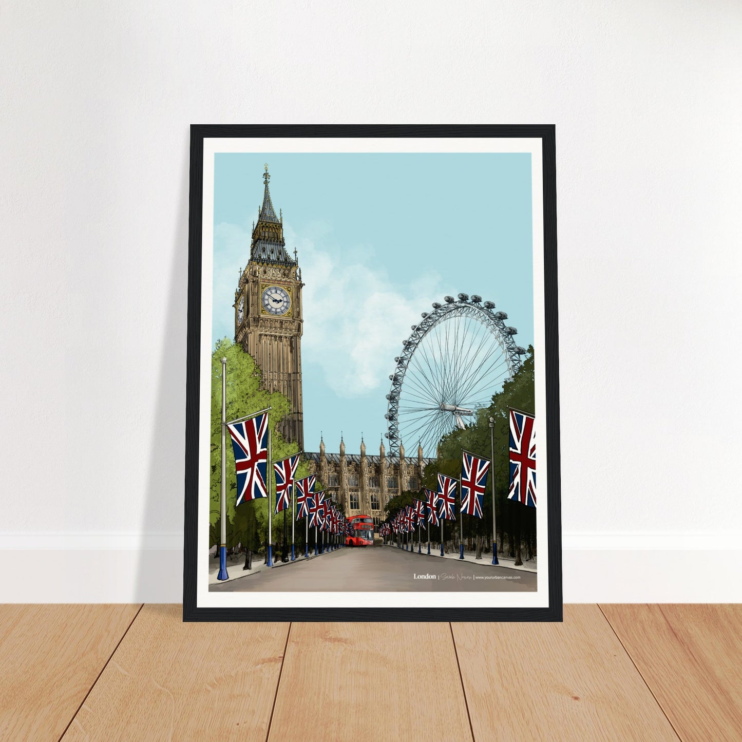 London - Subtle Title print, size 30x40cm, framed in black, presenting a striking yet subtle perspective of London's celebrated architecture