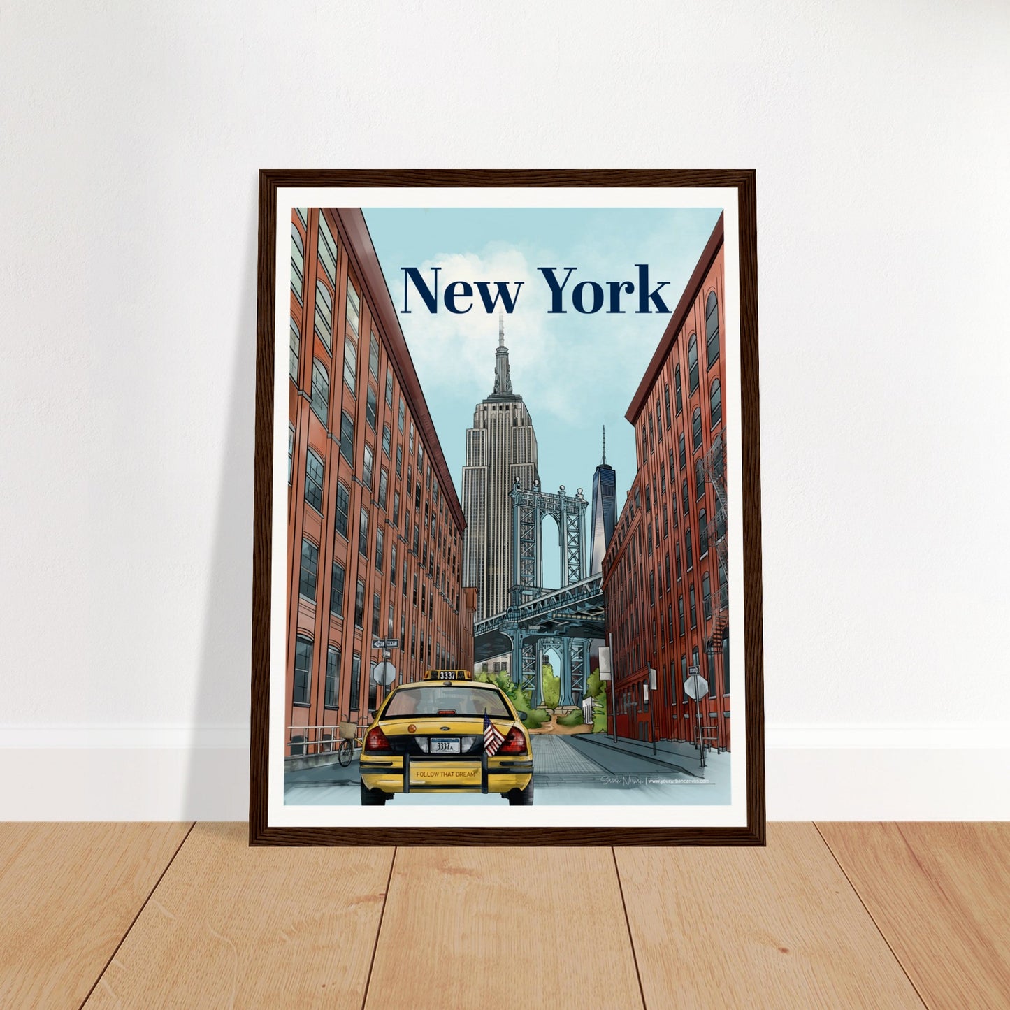 New York - Bold Typography print, size 30x40cm, framed in dark wood, showcasing the Manhattan Bridge view from Dumbo, with the Empire State Building, One World Trade Center, a yellow taxi, and iconic street signs.