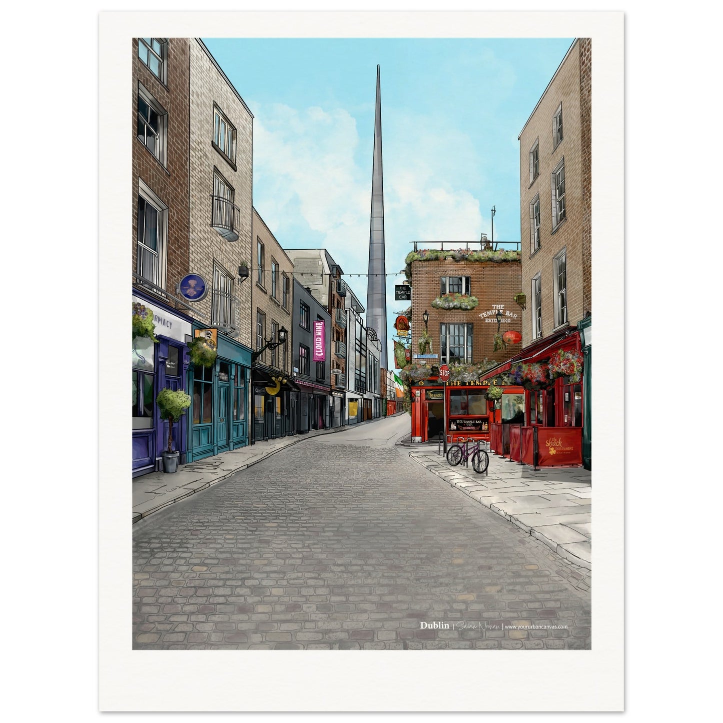 Dublin - Personalised Subtle Title print, featuring the vibrant charm of Temple Bar's cobbled streets, live music venues, The Temple Bar Inn, and The Spire, customised with your chosen text.