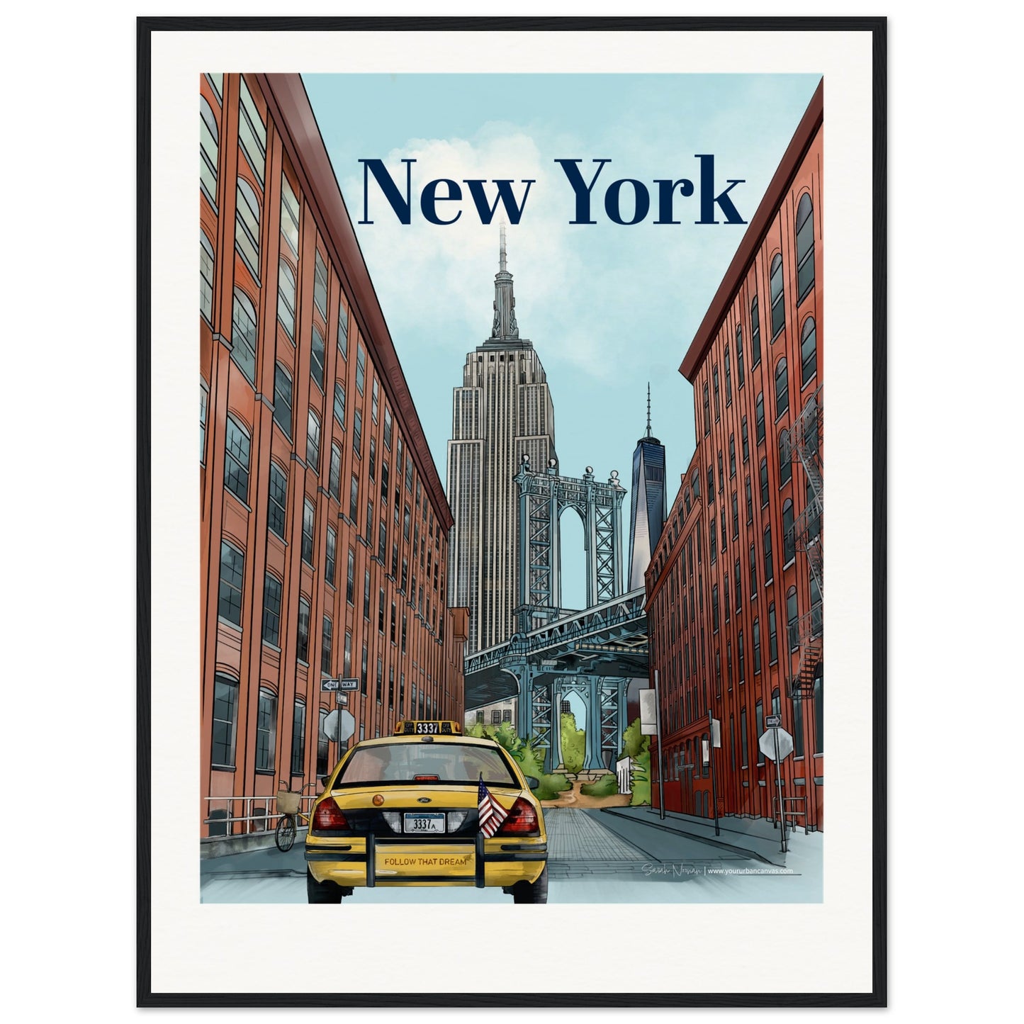 New York - Personalised Bold Typography print, size 60x80cm, framed in black, emphasising the architectural drama of a customised cityscape.