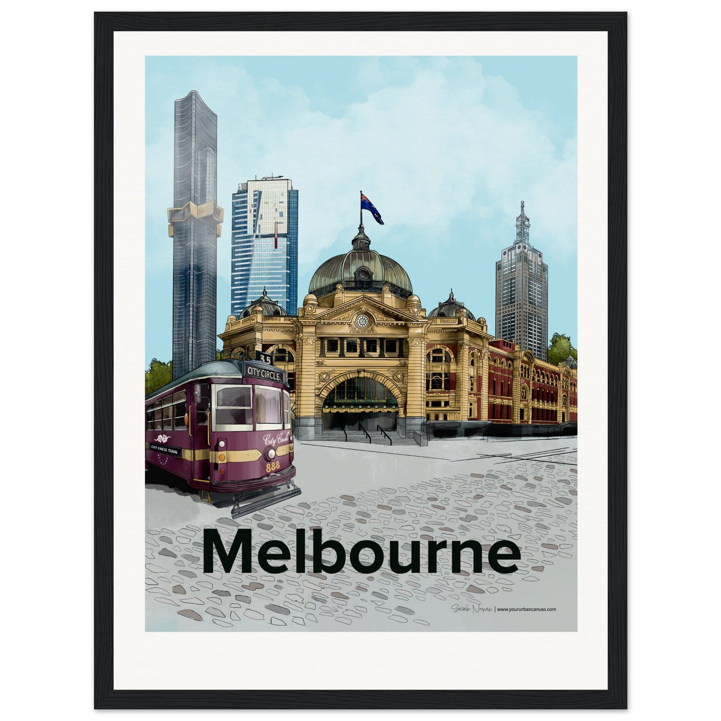 Melbourne - Personalised Bold Typography print, size 30x40cm, framed in black, making a bold and customised statement. Featuring Flinders Street Station, Australia 108, Eureka Tower, 120 Collins Street, and the City Circle Tram.