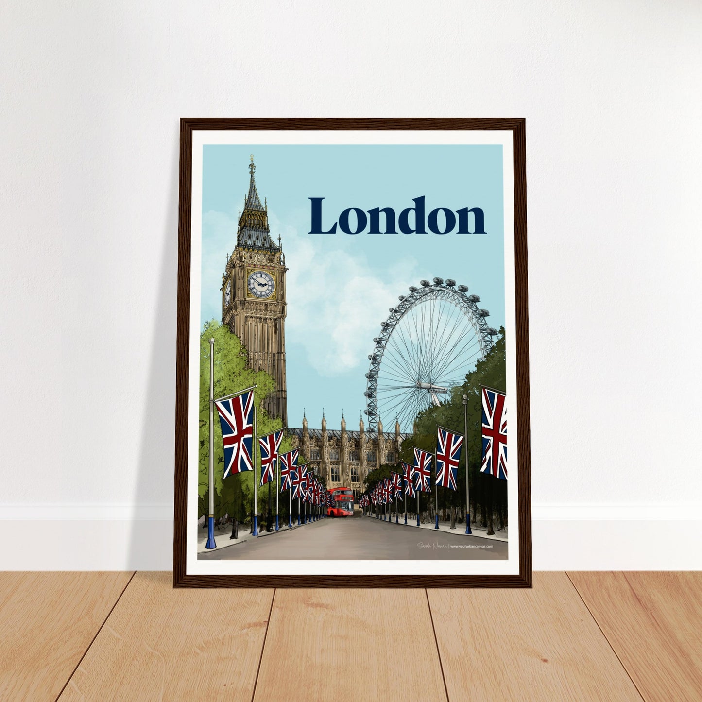 London - Bold Typography print, size 30x40cm, framed in dark wood, highlighting bold title text with faint strong architectural detail of Westminster and the London Eye.