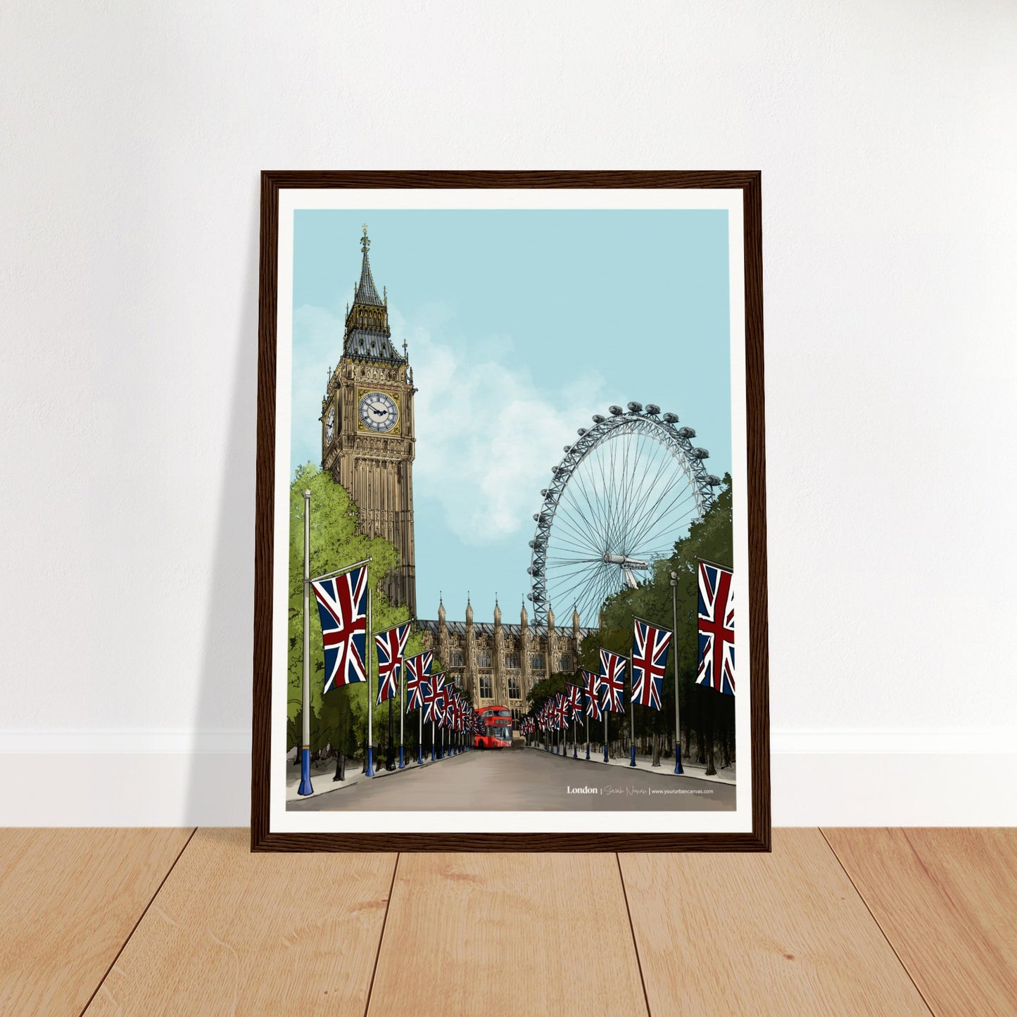London - Subtle Title print, size 30x40cm, framed in dark wood, showcasing the rich and detailed depiction of London's iconic landmarks, including Big Ben and the London Eye