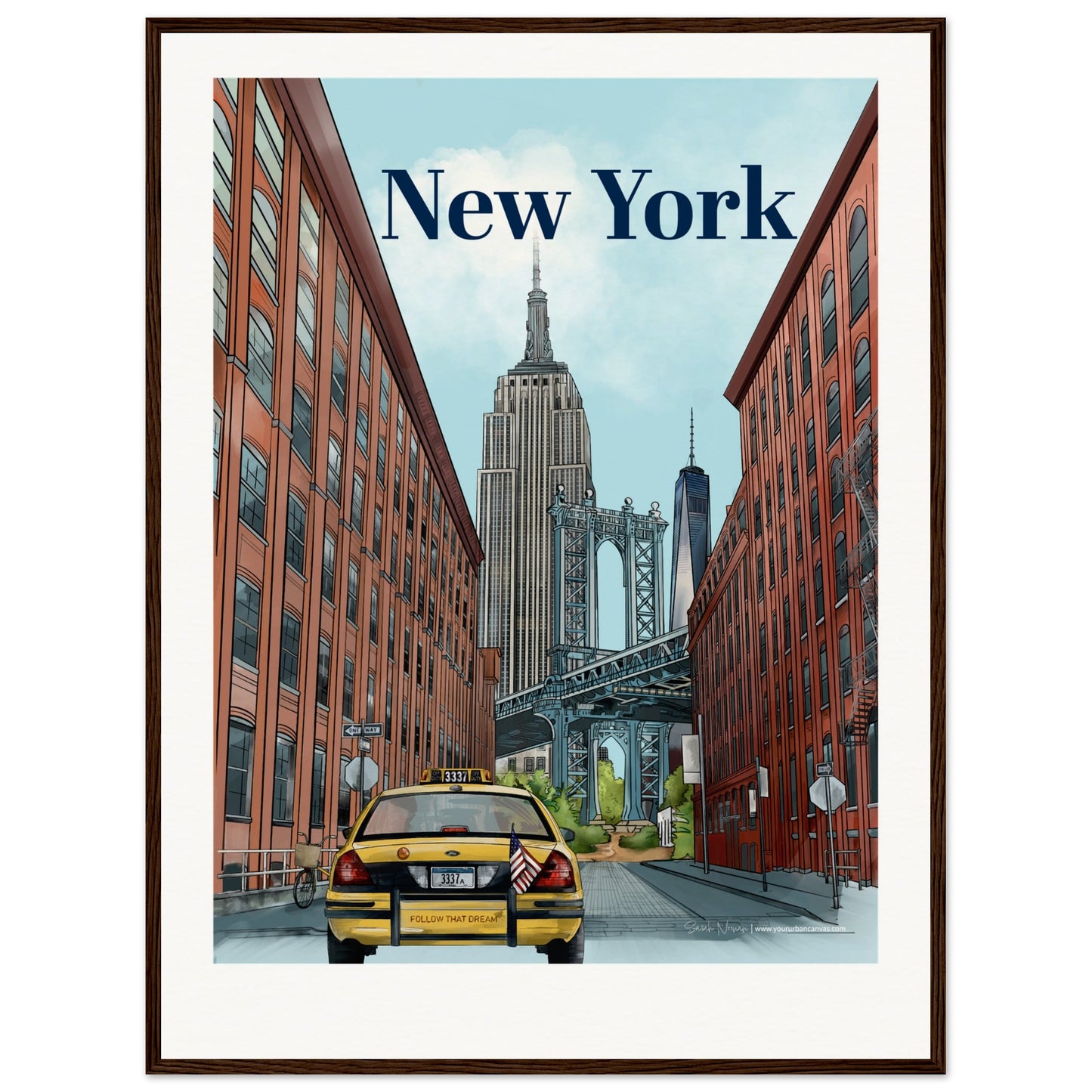 New York - Personalised Bold Typography print, size 60x80cm, framed in dark wood, adding a sophisticated and personal touch to the city's landmarks.