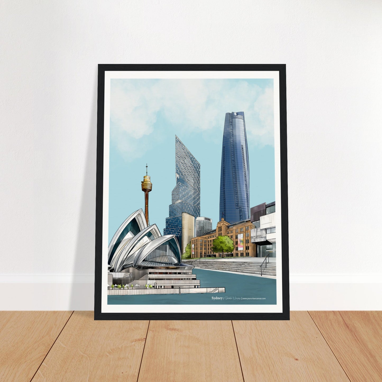 Sydney - Subtle Title print, size 30x40cm, framed in black, capturing the elegance of Sydney's cityscape with the Opera House, Quay Quarter Tower, and the Sydney Tower Eye.