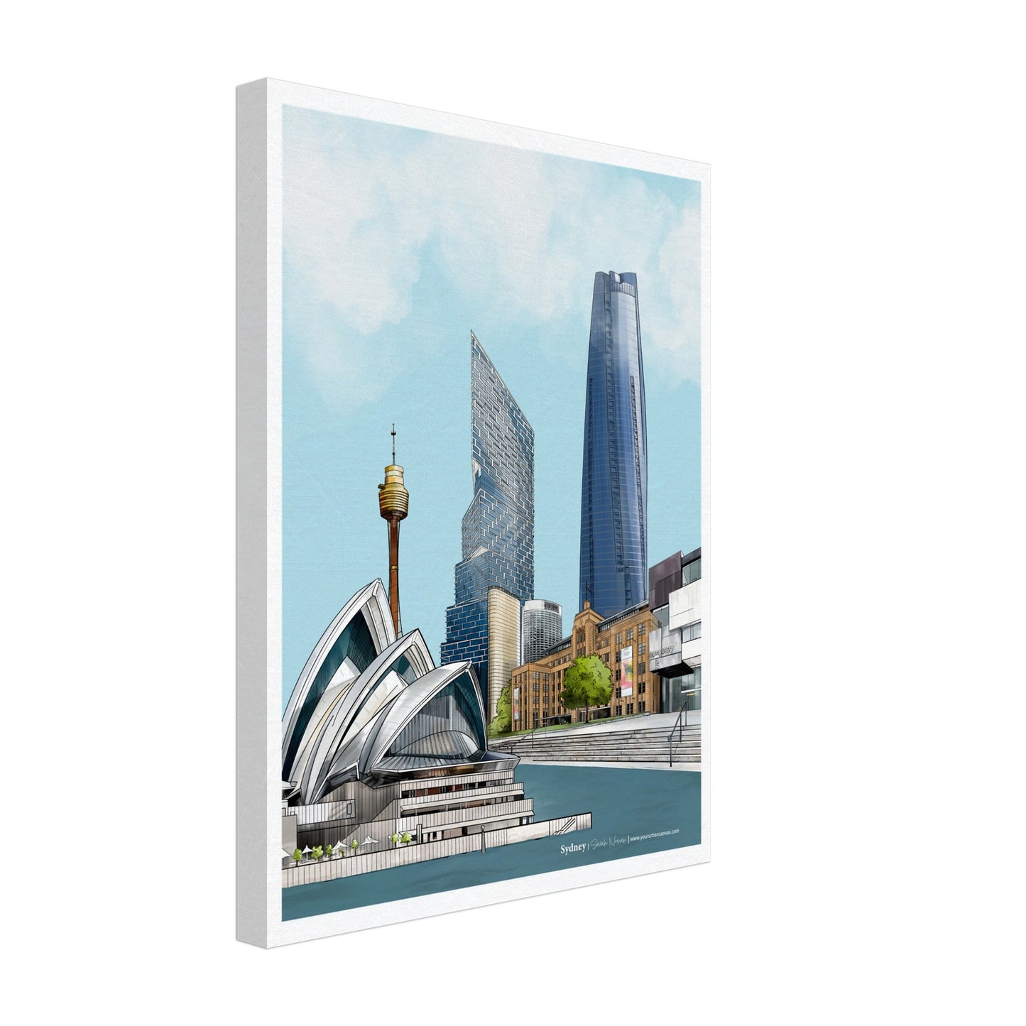 Sydney - Subtle Title print, size 30x40cm, on canvas, portraying the breathtaking Sydney Harbour with landmarks like the Opera House, Sydney Tower Eye, and One Barangaroo.