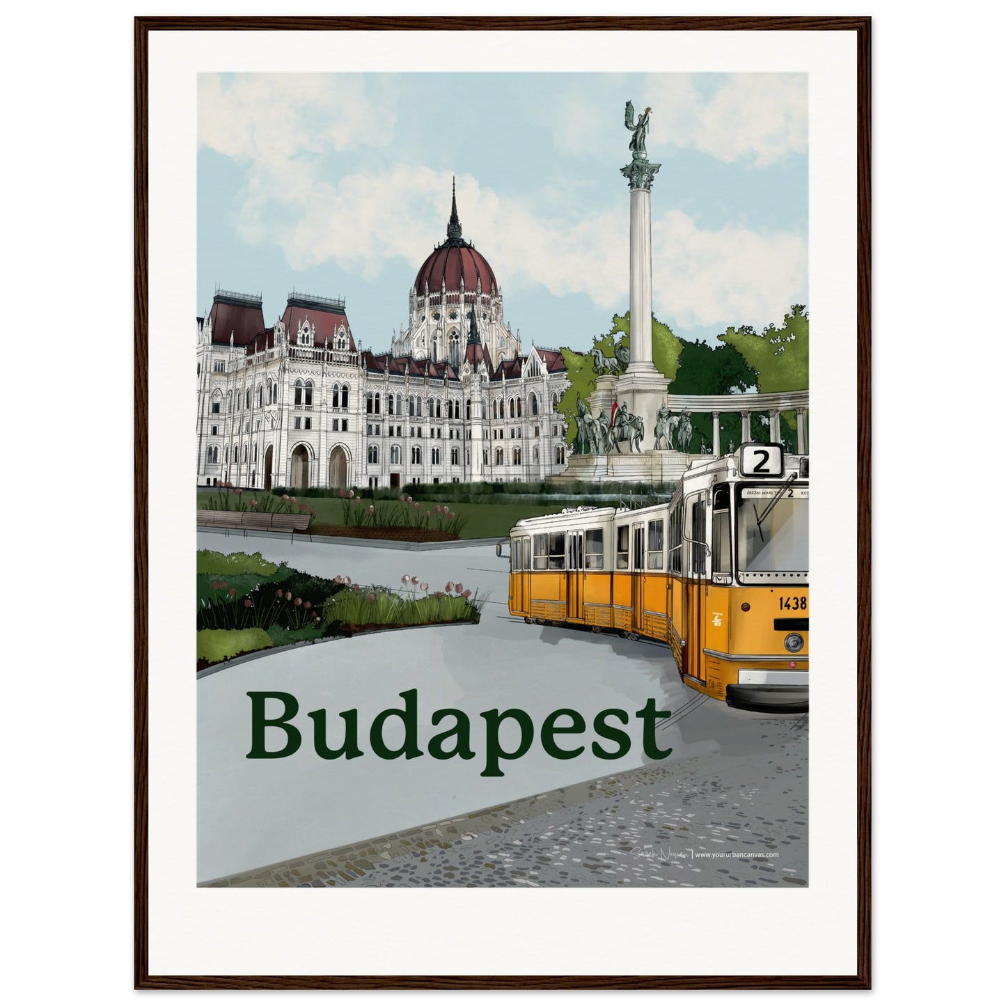 Budapest - Personalised Bold Typography print, size 60x80cm, framed in dark wood, bringing a timeless and Personalised touch to Budapest's iconic landmarks.