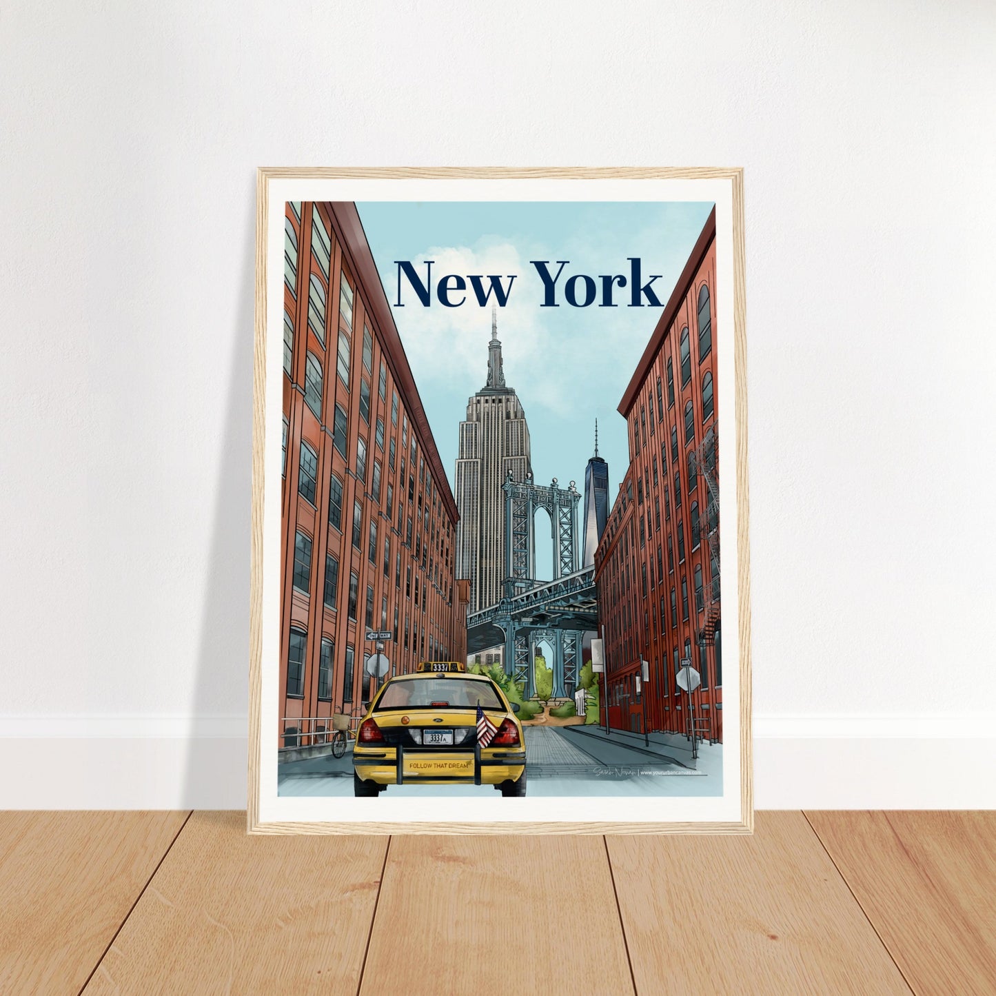 New York - Bold Typography print, size 45x60cm, framed in natural wood, highlighting NYC's urban energy with the Manhattan Bridge from Dumbo, the Empire State Building, One World Trade Center, and classic yellow taxis.