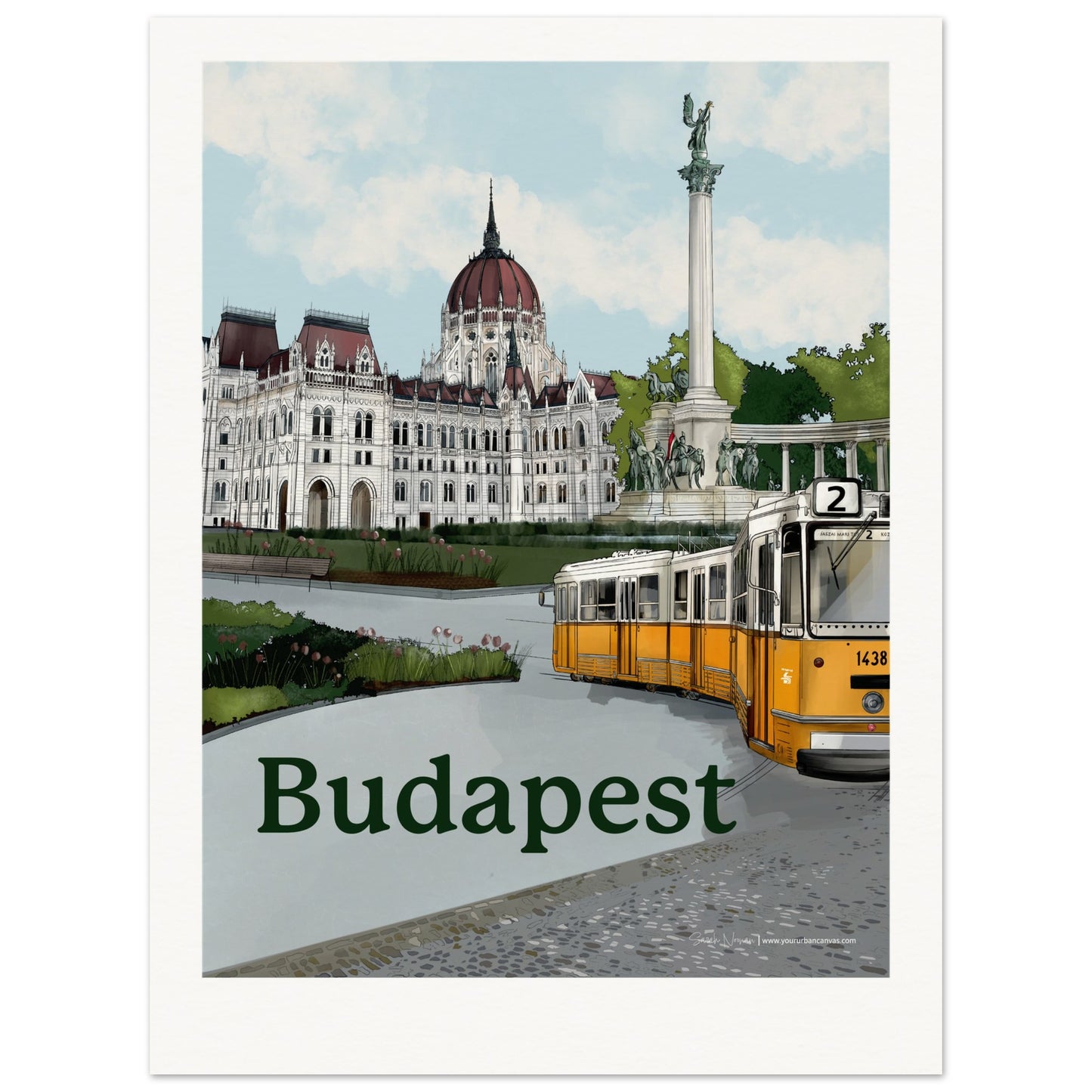 Budapest - Personalised Bold Typography print, featuring the Parliament Building, Heroes' Square statues, and a yellow tram, customized with your chosen name or message.