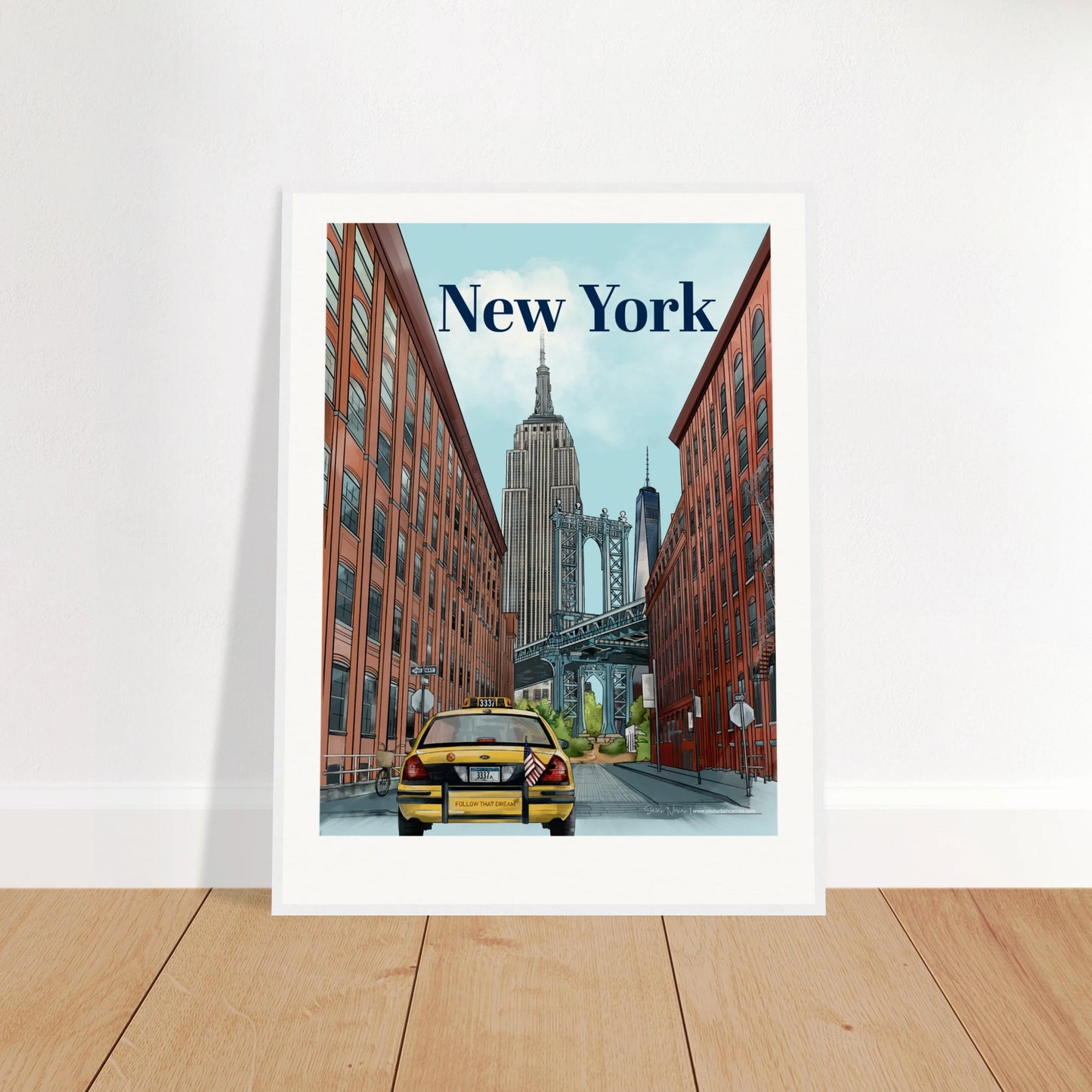 New York - Bold Typography print, size 60x80cm, framed in white wood, capturing the vibrance of NYC with the Manhattan Bridge from Dumbo, the Empire State Building, One World Trade Center, and classic city elements