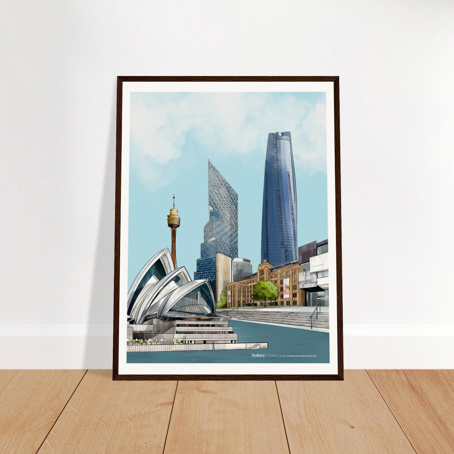 Sydney - Subtle Title print, size 45x60cm, framed in dark wood, focusing on the grandeur of Sydney's Opera House and Quay Quarter Tower.