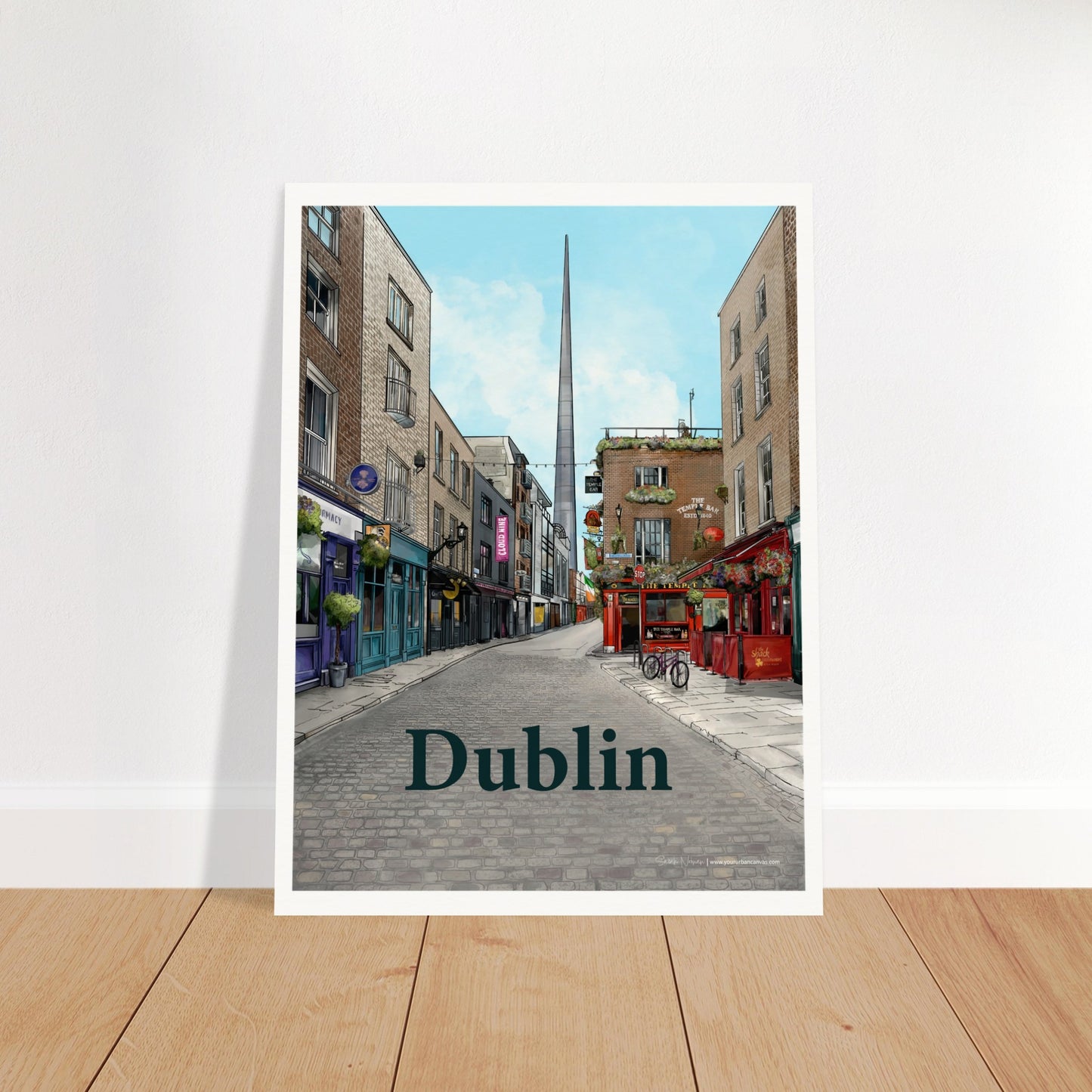 Dublin - Bold Typography print, size 30x40cm, featuring a cobbled street in Temple Bar, Dublin, with period buildings, shopfronts, and The Temple Bar Inn. The Spire stands in the distance, adding modern flair to this vibrant cityscape