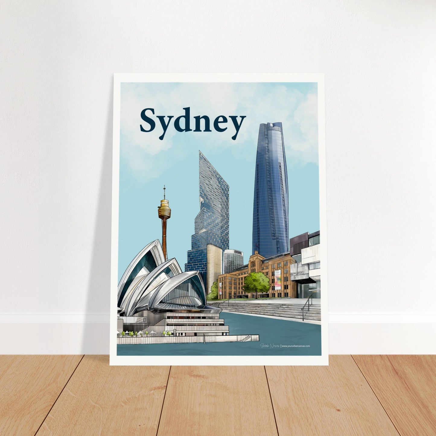 Sydney - Bold Typography print, size 30x40cm, featuring the iconic Sydney Opera House, MCA, Sydney Harbour, One Barangaroo, Quay Quarter Tower, and Sydney Tower Eye in a vibrant cityscape.