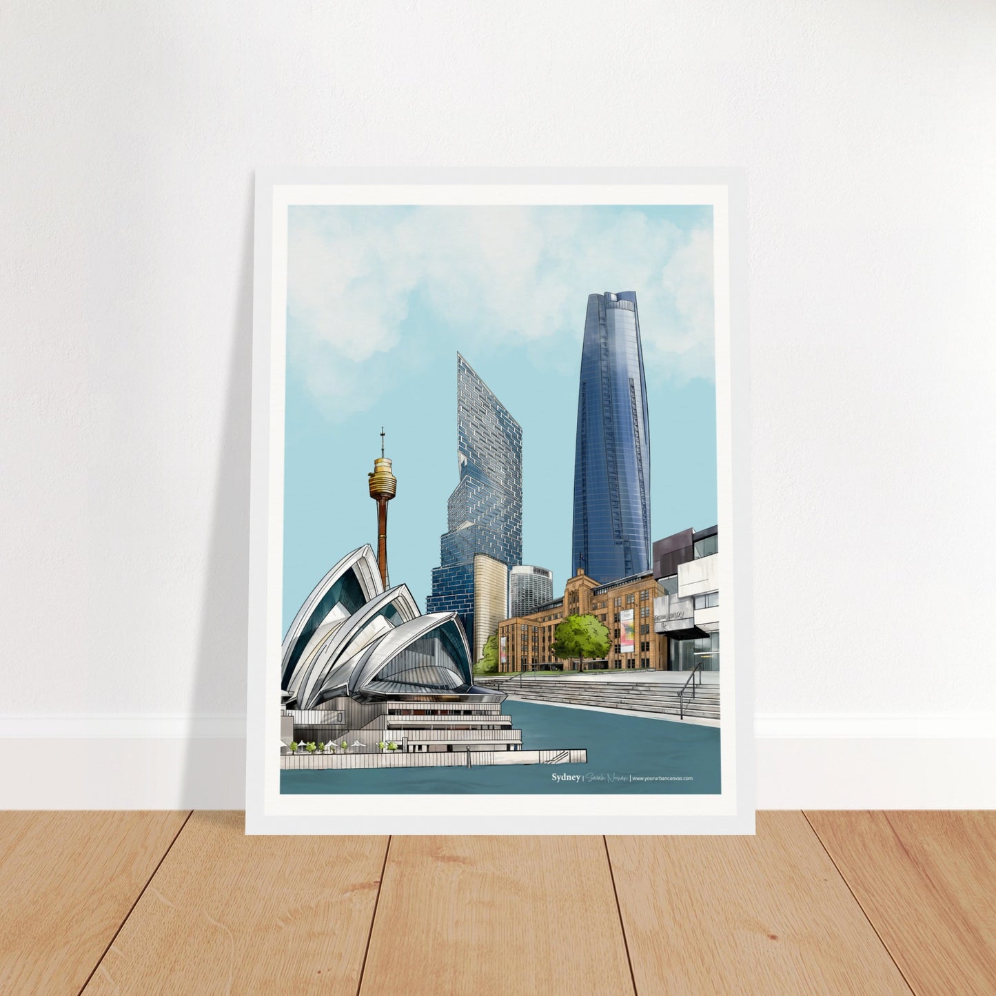 Sydney - Subtle Title print, size 30x40cm, framed in white, highlighting landmarks like the MCA, One Barangaroo, and the iconic Sydney Opera House.
