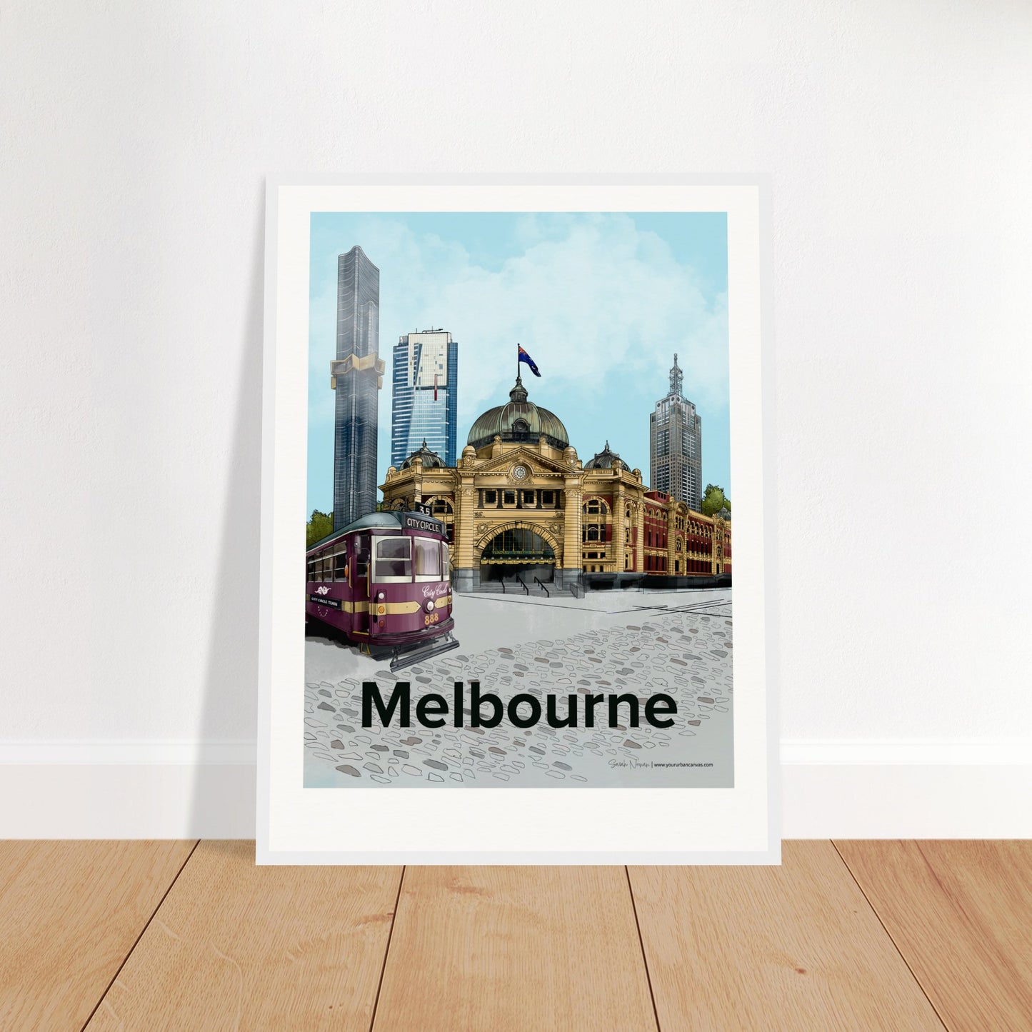 Melbourne - Bold Typography print, size 45x60cm, framed in white wood, showcasing Melbourne's skyline with Flinders Street Station and modern skyscrapers.