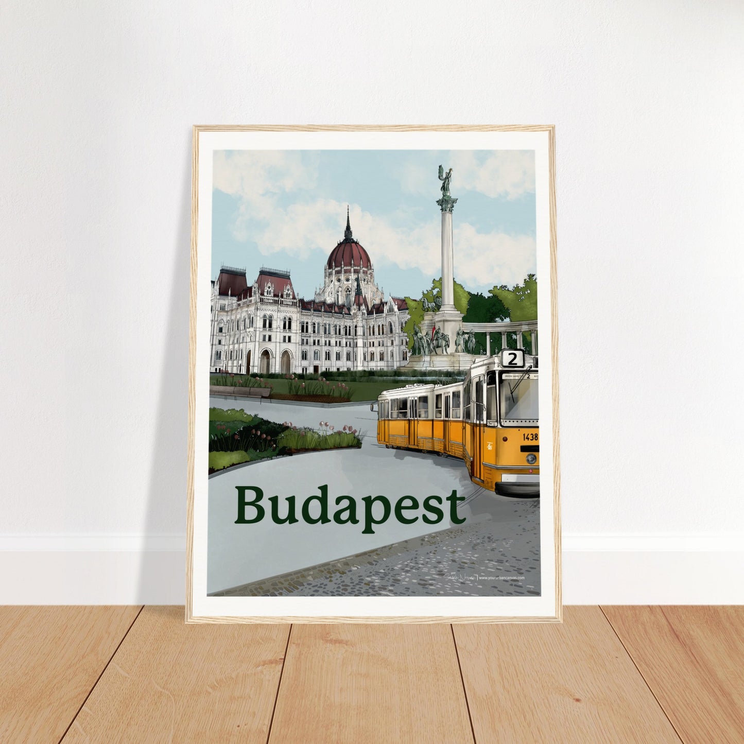 Budapest - Bold Typography print, size 60x80cm, framed in natural wood, offering a clean and stylish representation of Budapest, featuring its famous landmarks and historic cobbled roads.