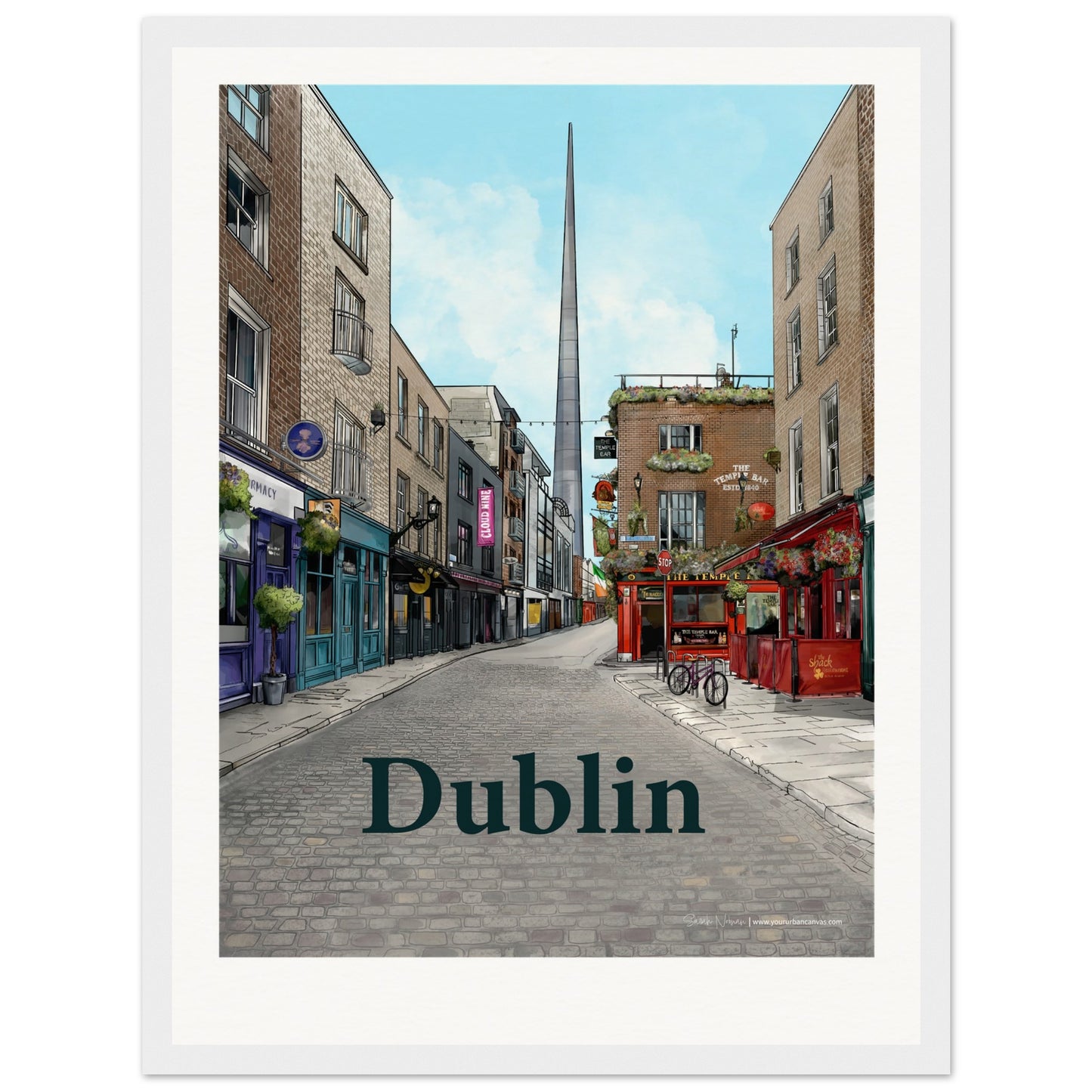 Dublin - Personalised Bold Typography print, size 30x40cm, framed in white, offering a crisp and Personalised tribute to Dublin's lively atmosphere.