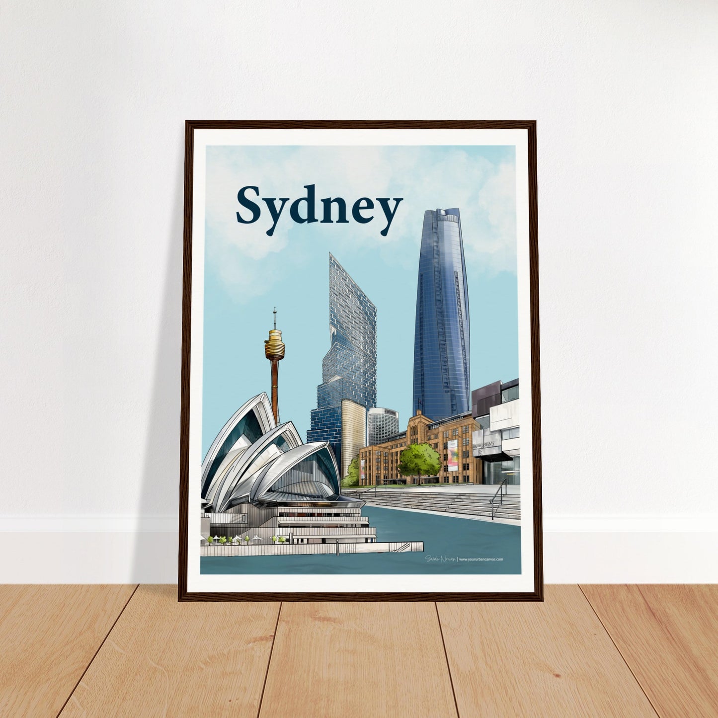 Sydney - Bold Typography print, size 45x60cm, framed in dark wood, showcasing the Opera House, MCA, Sydney Harbour, and modern landmarks like One Barangaroo and Quay Quarter Tower.